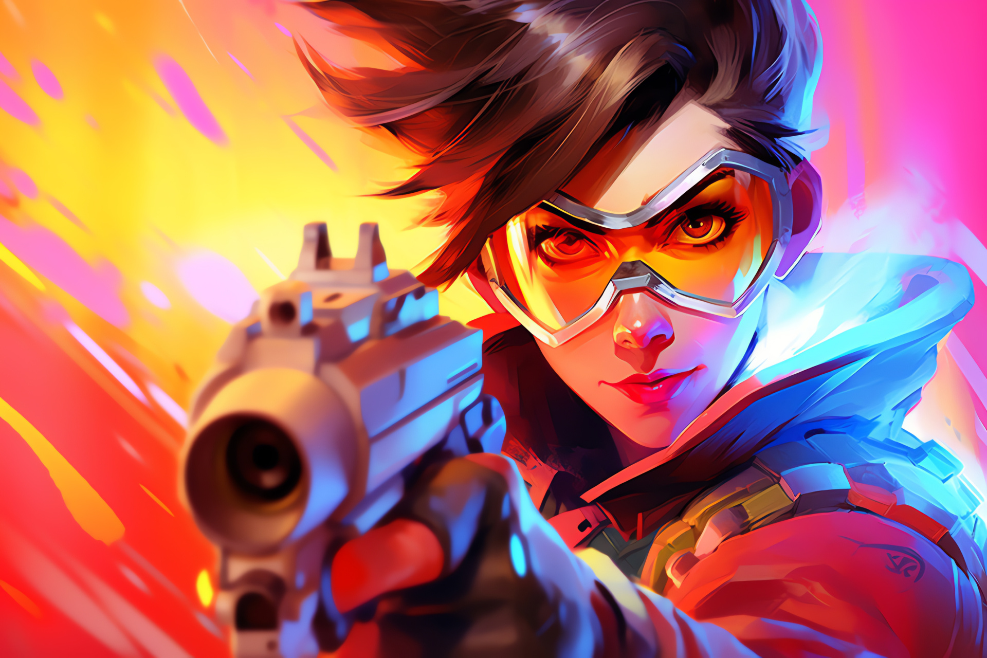 Tracer, Overwatch speedster, Warp-time pilot, Youthful visage, Sci-fi attire, HD Desktop Wallpaper