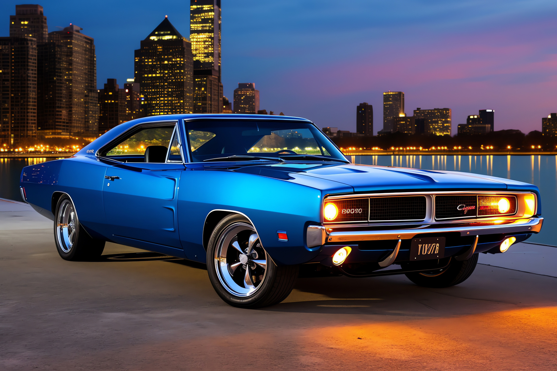 Dodge Charger R/T, Chicago urban adventure, Metallic shimmer, Lake Michigan backdrop, Iconic cityscape, HD Desktop Wallpaper