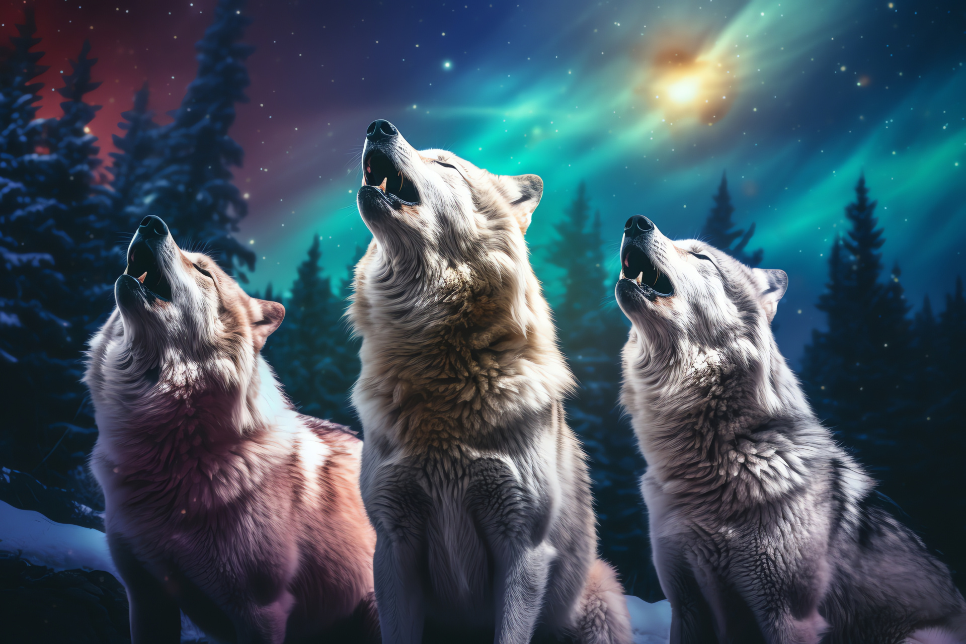 Solo Canis lupus, lupine vocal stance, fierce amber optics, snowy animal coat, Arctic creature, HD Desktop Wallpaper