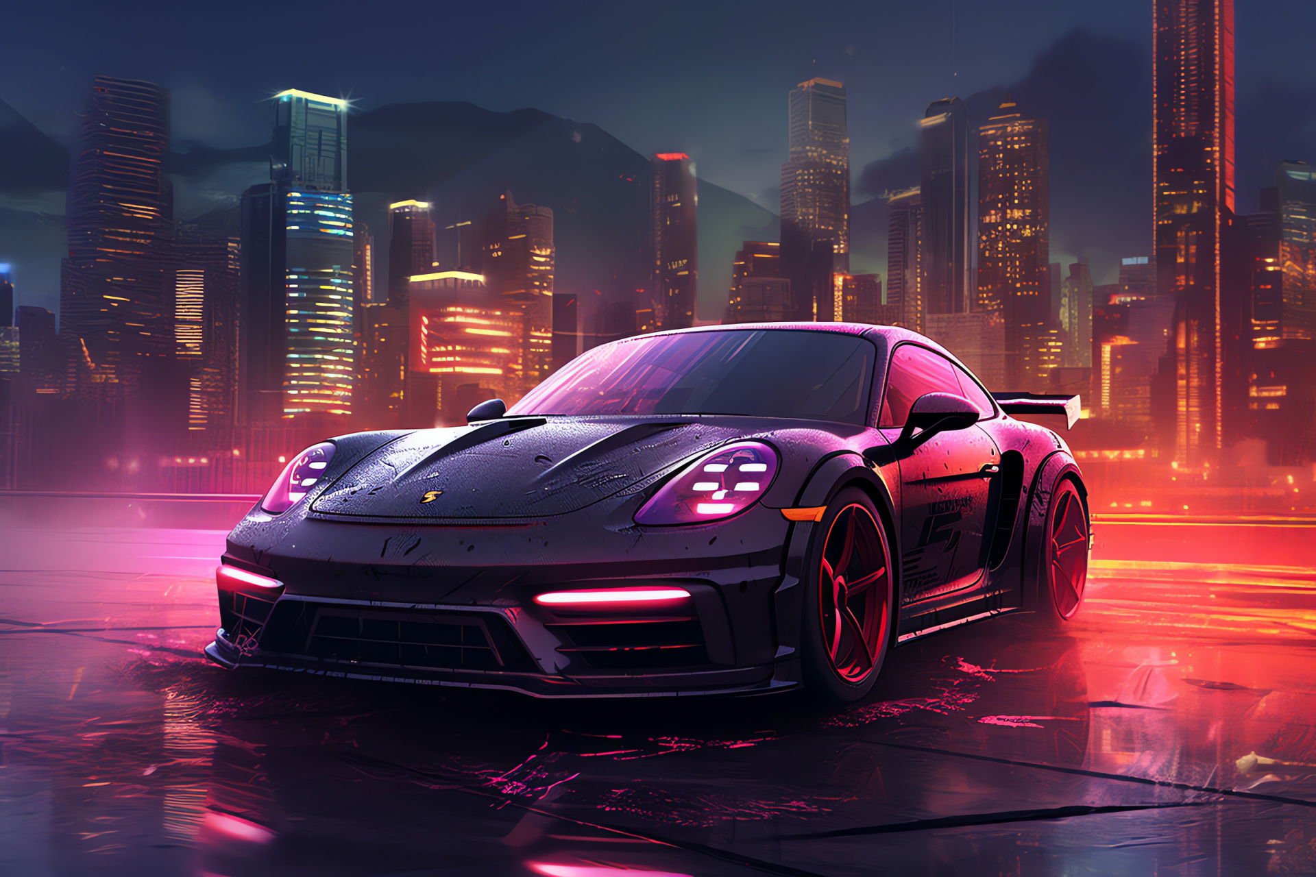 Porsche 718 GT4 racetrack, Neon city glow, Urban driving scene, High-tech ambiance, Performance sports car, HD Desktop Wallpaper