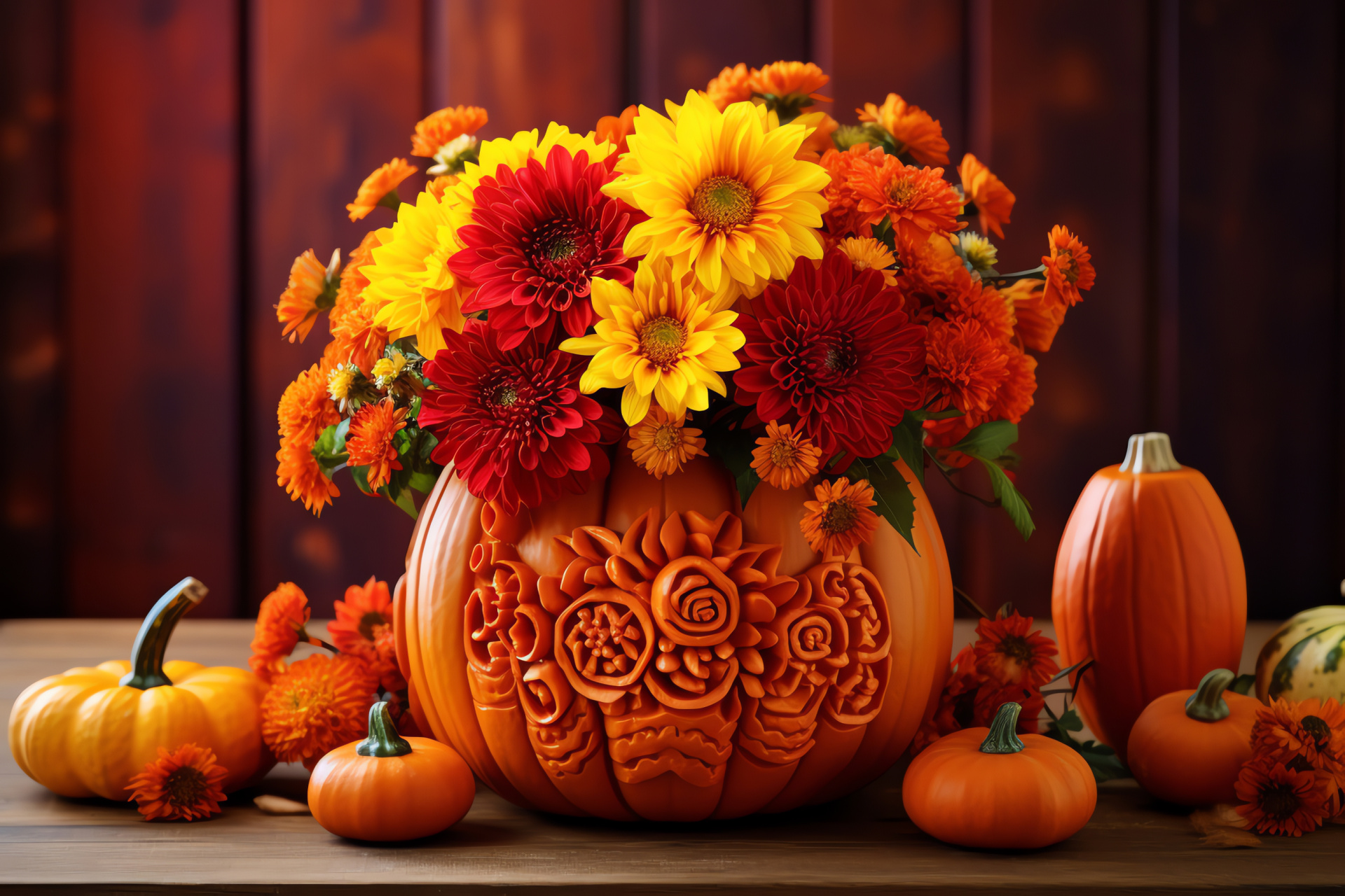 Harvest decor, Festive gourd, Autumn blooms, Seasonal display, October arrangement, HD Desktop Image