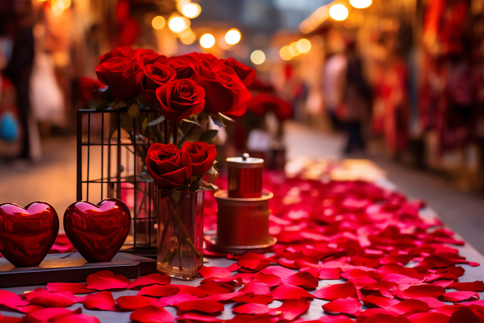 Festive florals, Amorous symbols, Valentine's street, Bustling marketplace, Themed decorations, HD Desktop Image