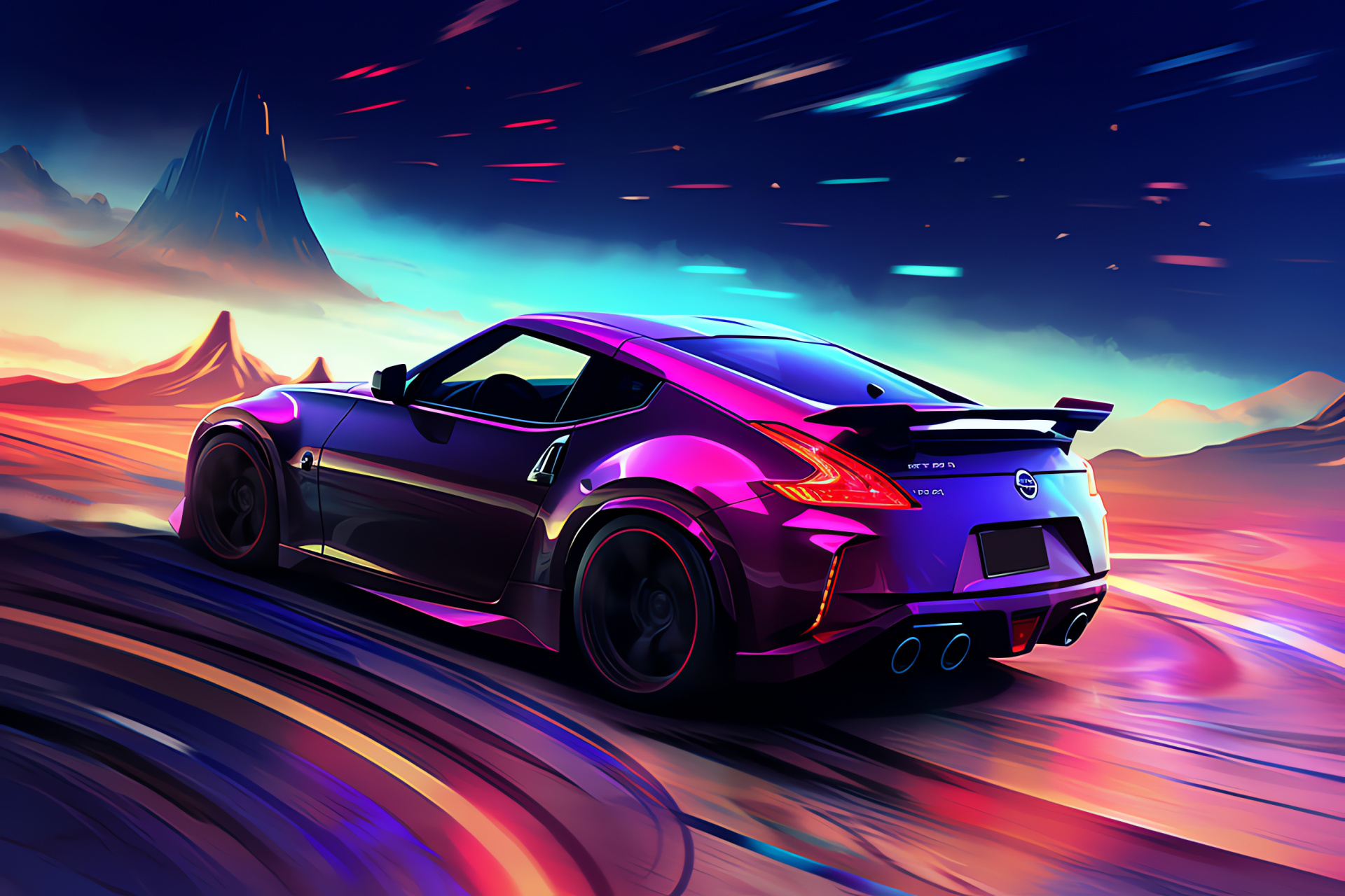 Nissan 370Z flight, Extraterrestrial terrain, Racing fantasy, Graceful form, Velocity embodiment, HD Desktop Wallpaper