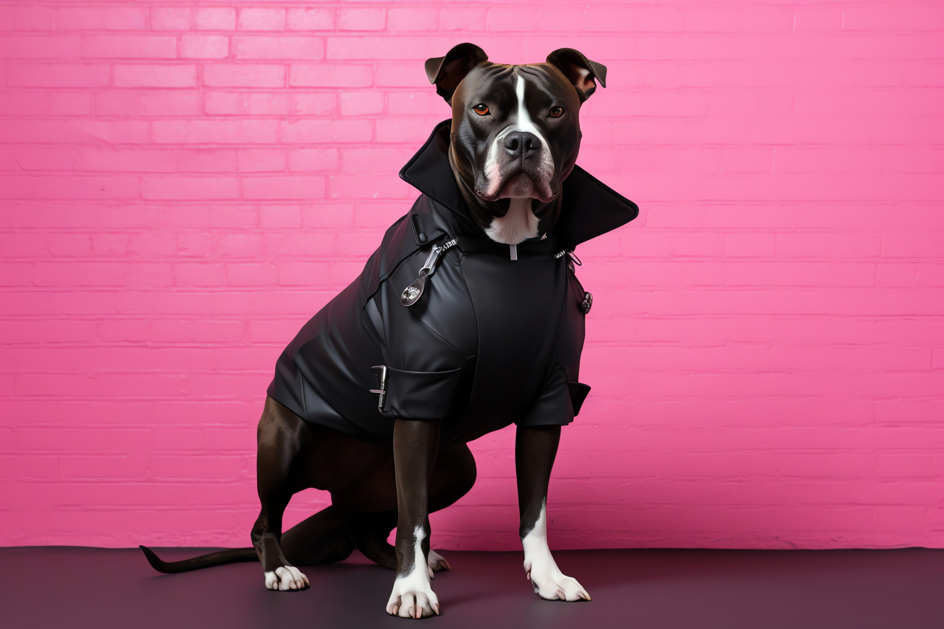 Sleek Pit Bull, Black-furred canine, Full body dog image, Monotone magenta background, Dog simplicity, HD Desktop Wallpaper