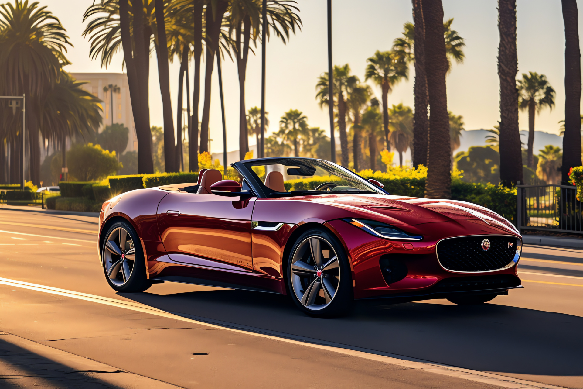 Jaguar F-Type luxury, Convertible California cruising, Roadster angle, Tropical setting, Leisure driving, HD Desktop Image