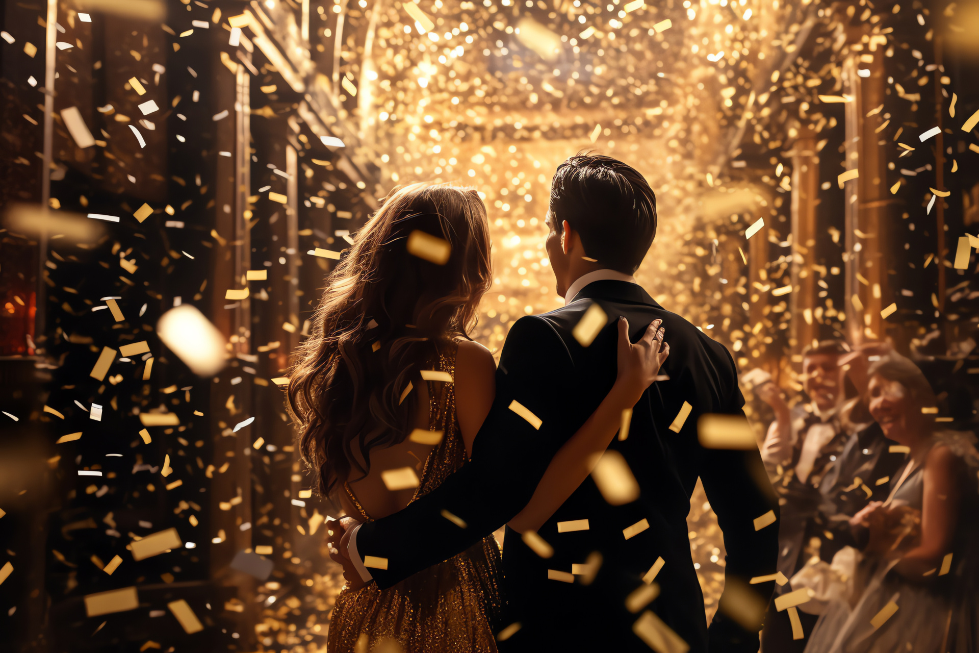 Enchanting dance couple, New Year's ball, Festive couture, Romantic environment, Glittering admiration, HD Desktop Wallpaper