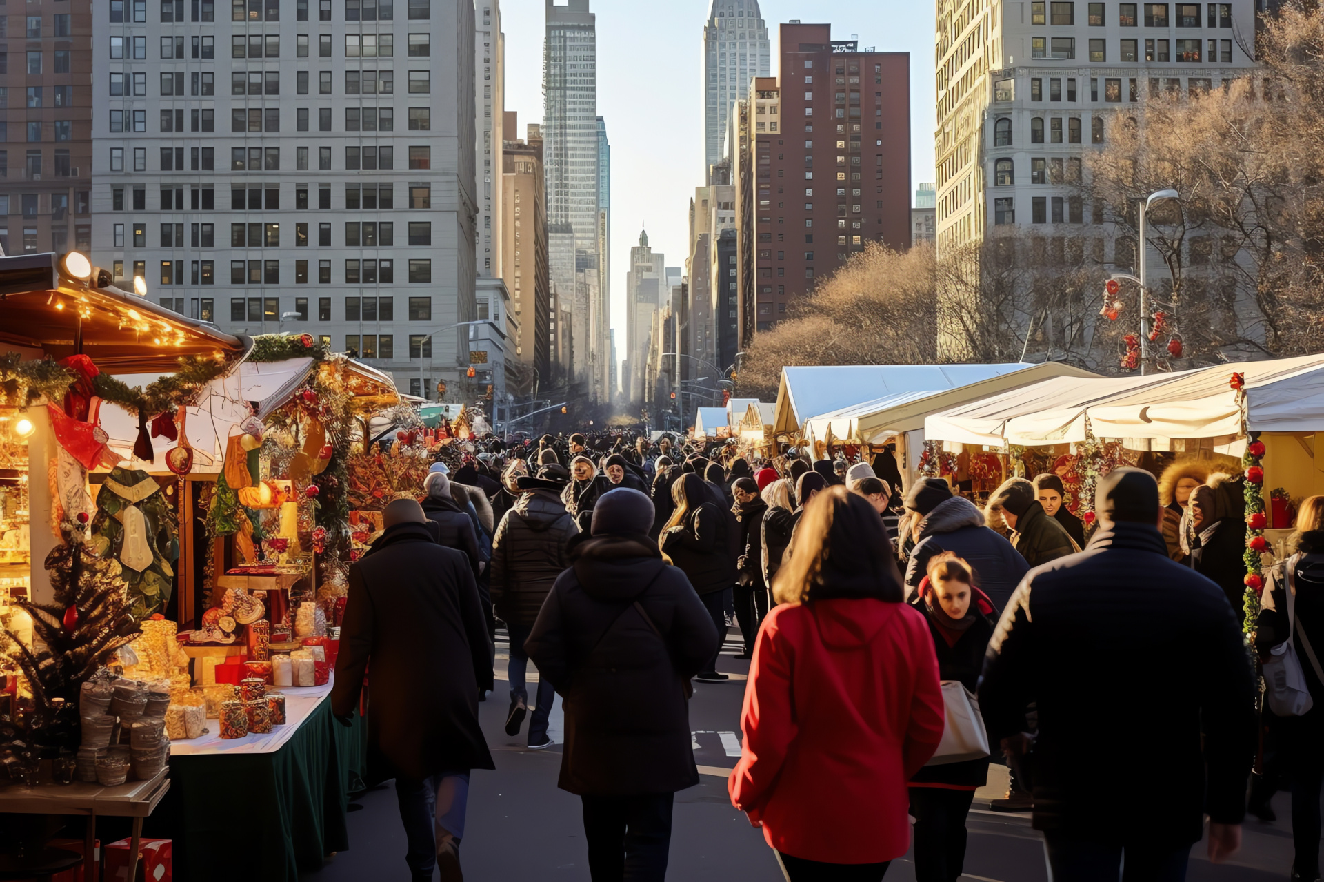 Manhattan holiday scene, Market stalls, Artisan crafts, Edible treats, Yuletide atmosphere, HD Desktop Image