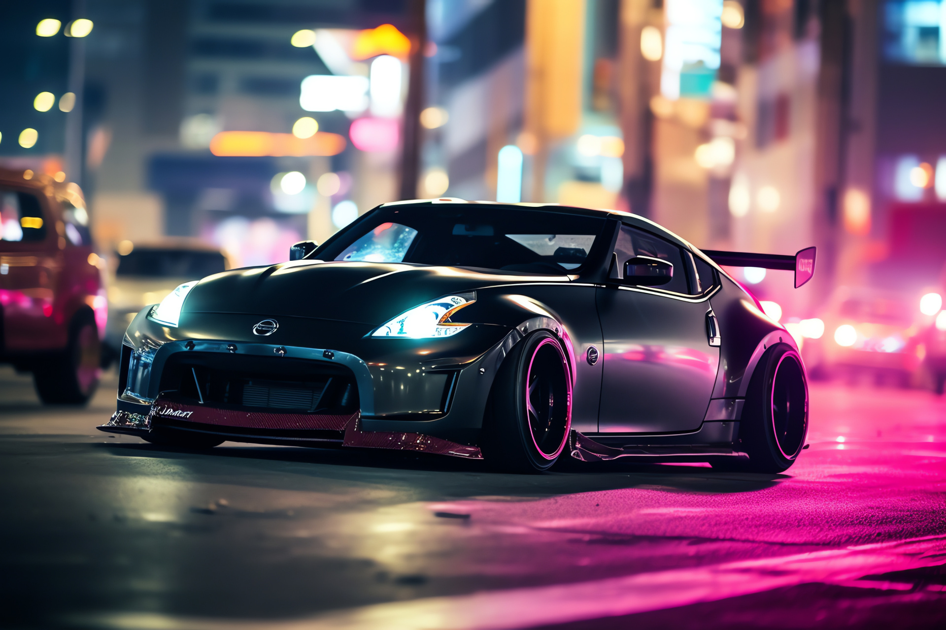 Rocket Bunny Nissan 370Z, Vibrant urban night setting, Detailed car exposure, High-speed drift capture, Automotive culture, HD Desktop Image