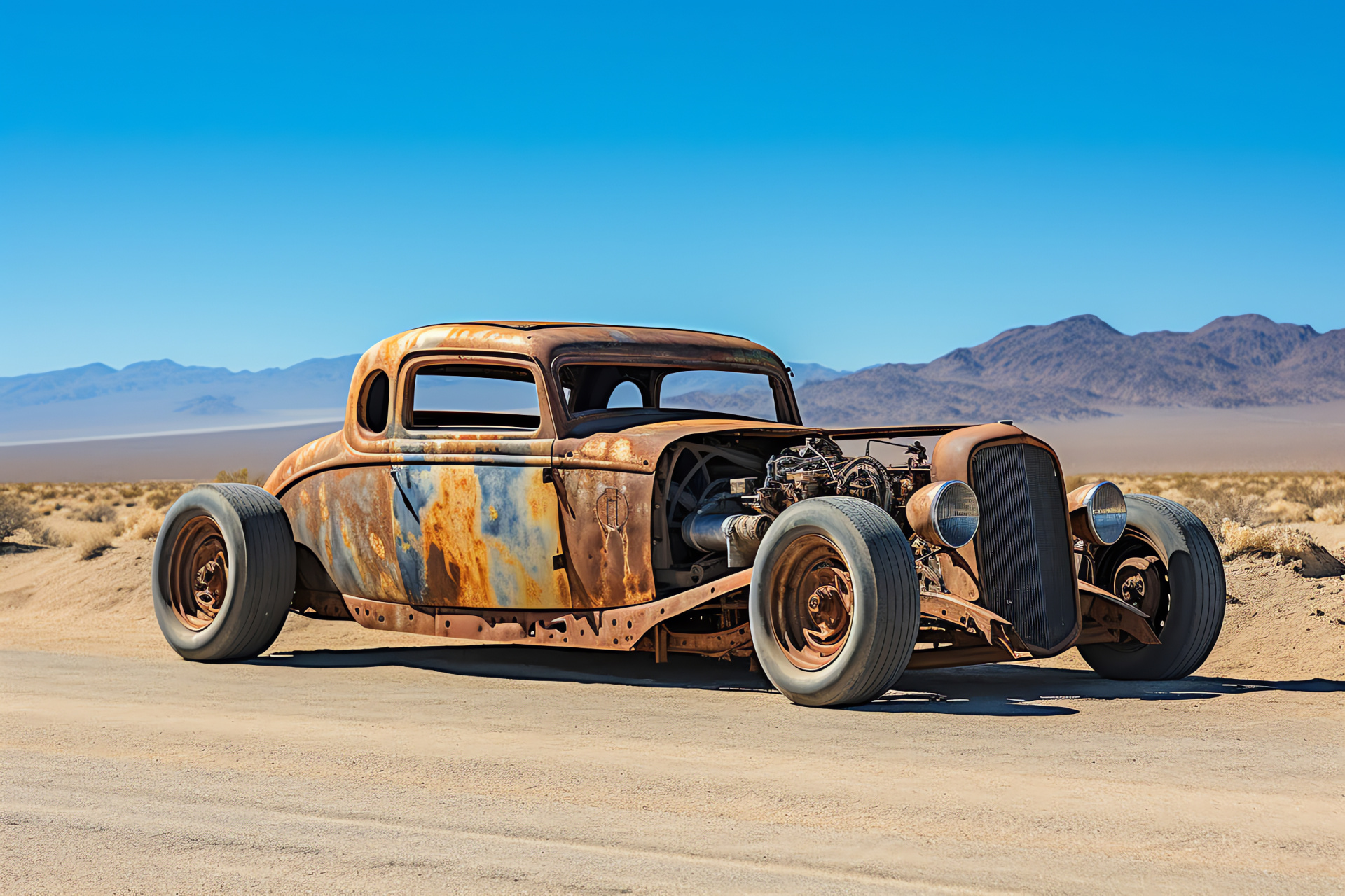 Modified Rat Rod, California desert backdrop, Unique patina finish, Custom low roof, Vintage aesthetic, HD Desktop Wallpaper