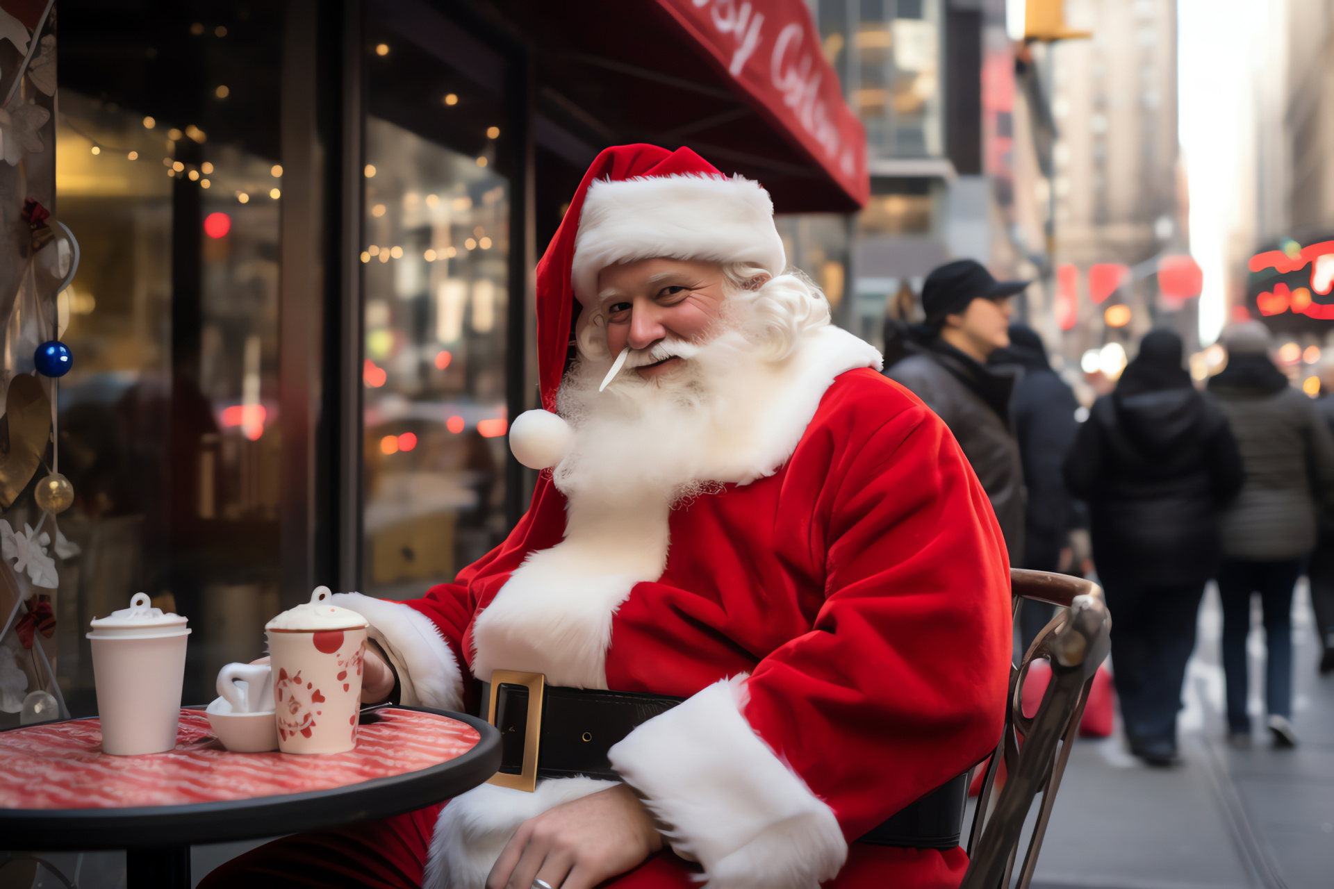 Cosmopolitan Kris Kringle, Big Apple warmth, Steamy beverage, Cozy diner corners, Metropolis festivity, HD Desktop Image