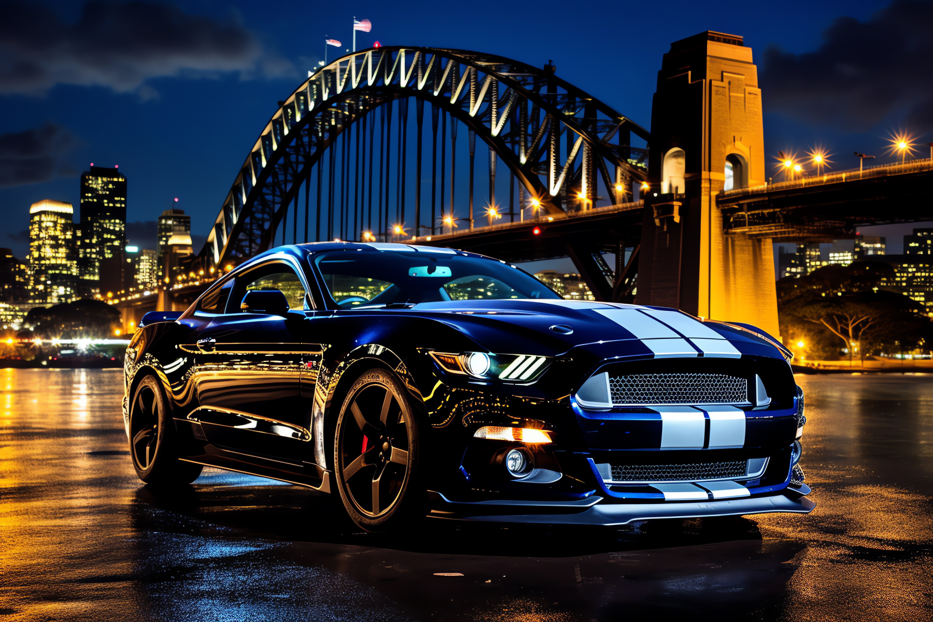 Ford Mustang GT350, Sydney metropolis, Harbour Bridge landmark, high horsepower, urban skyline, HD Desktop Wallpaper