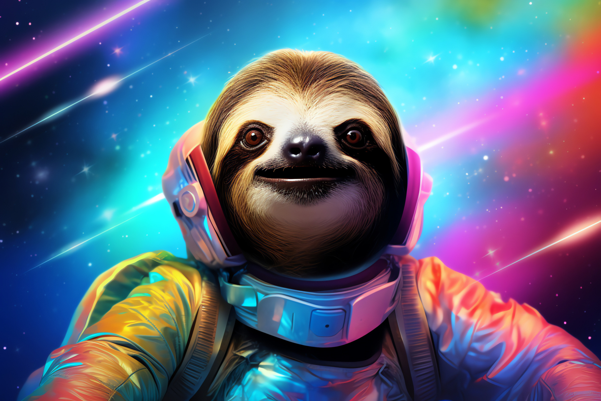 Space Sloth, animal astronaut, starry cosmos, spectral light, galactic phenomenon, HD Desktop Image