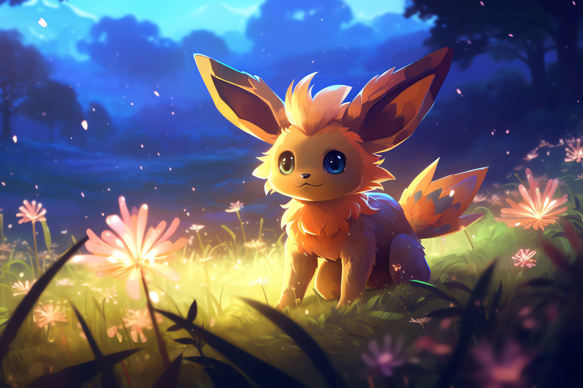 Lovable Eevee creature, Delicate fluffy exterior, Anime animal emotions, Wildflower companionship, Pocket monster charm, HD Desktop Image