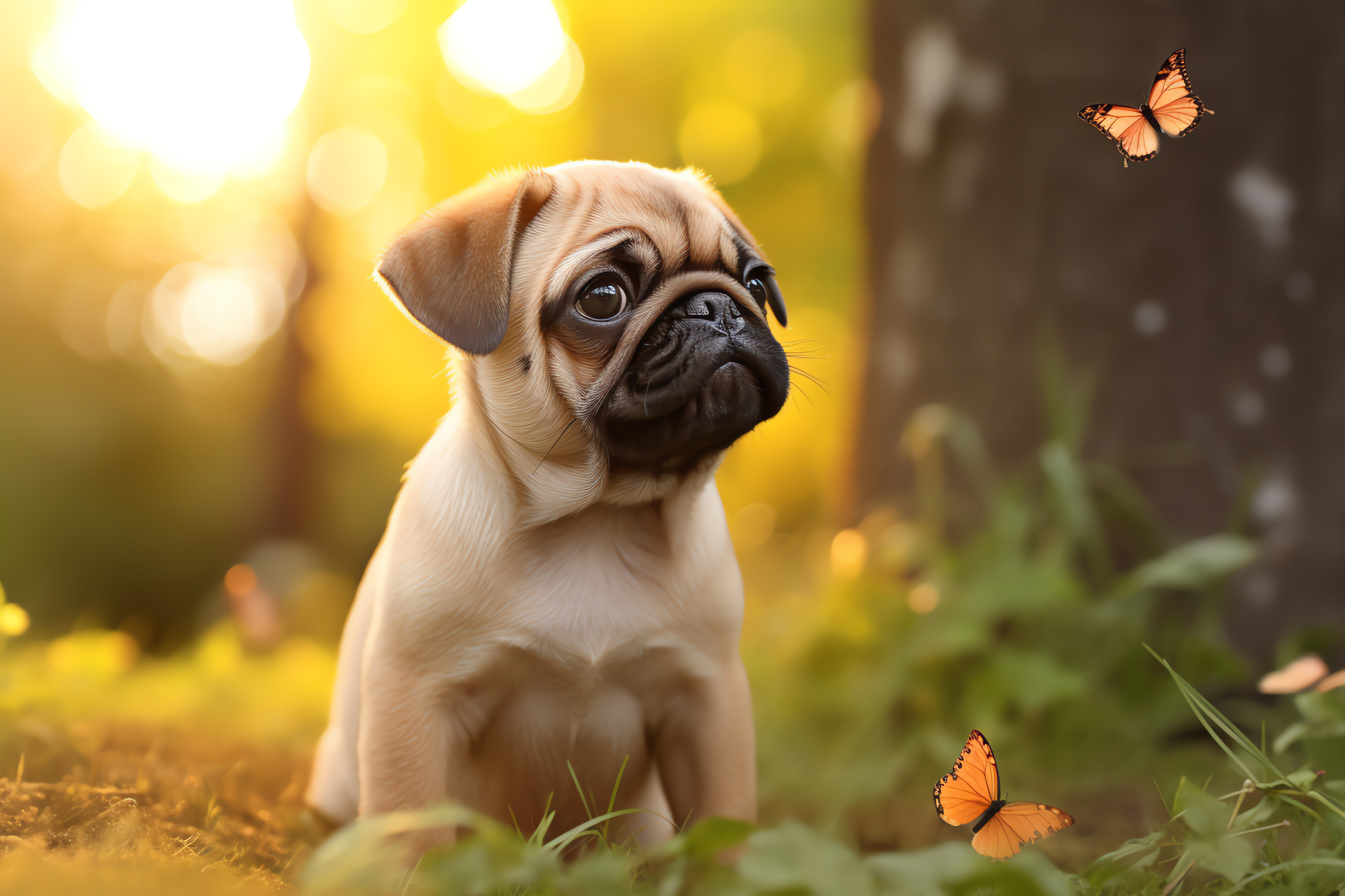 Pug juvenile, alert canine gaze, youthful dog wrinkles, creamy canine covering, lively canine demeanor, HD Desktop Wallpaper