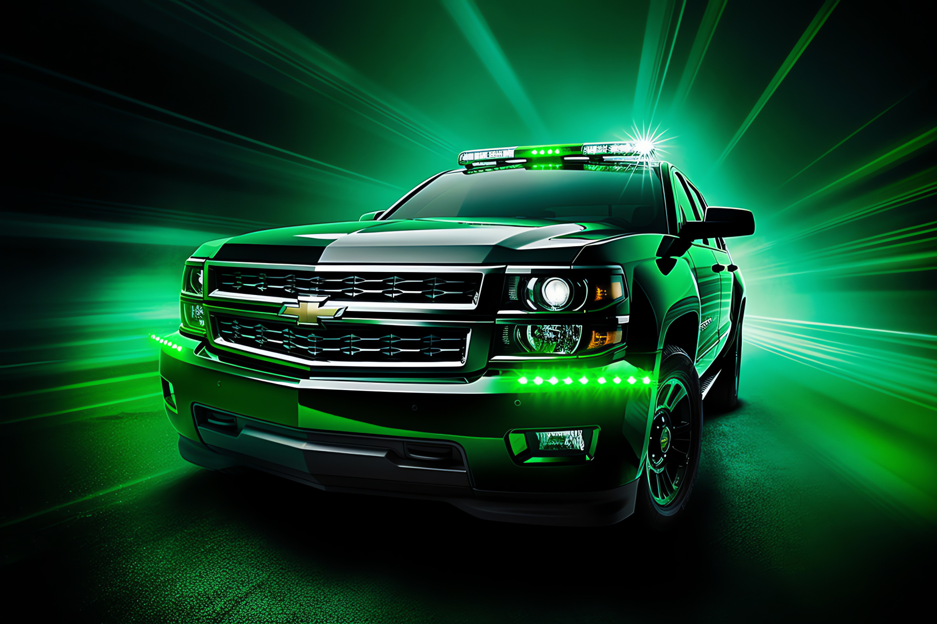 Police Chevrolet Silverado, Elevated view, Green enforcement vehicle, Patrolling truck, Vibrant presence, HD Desktop Image