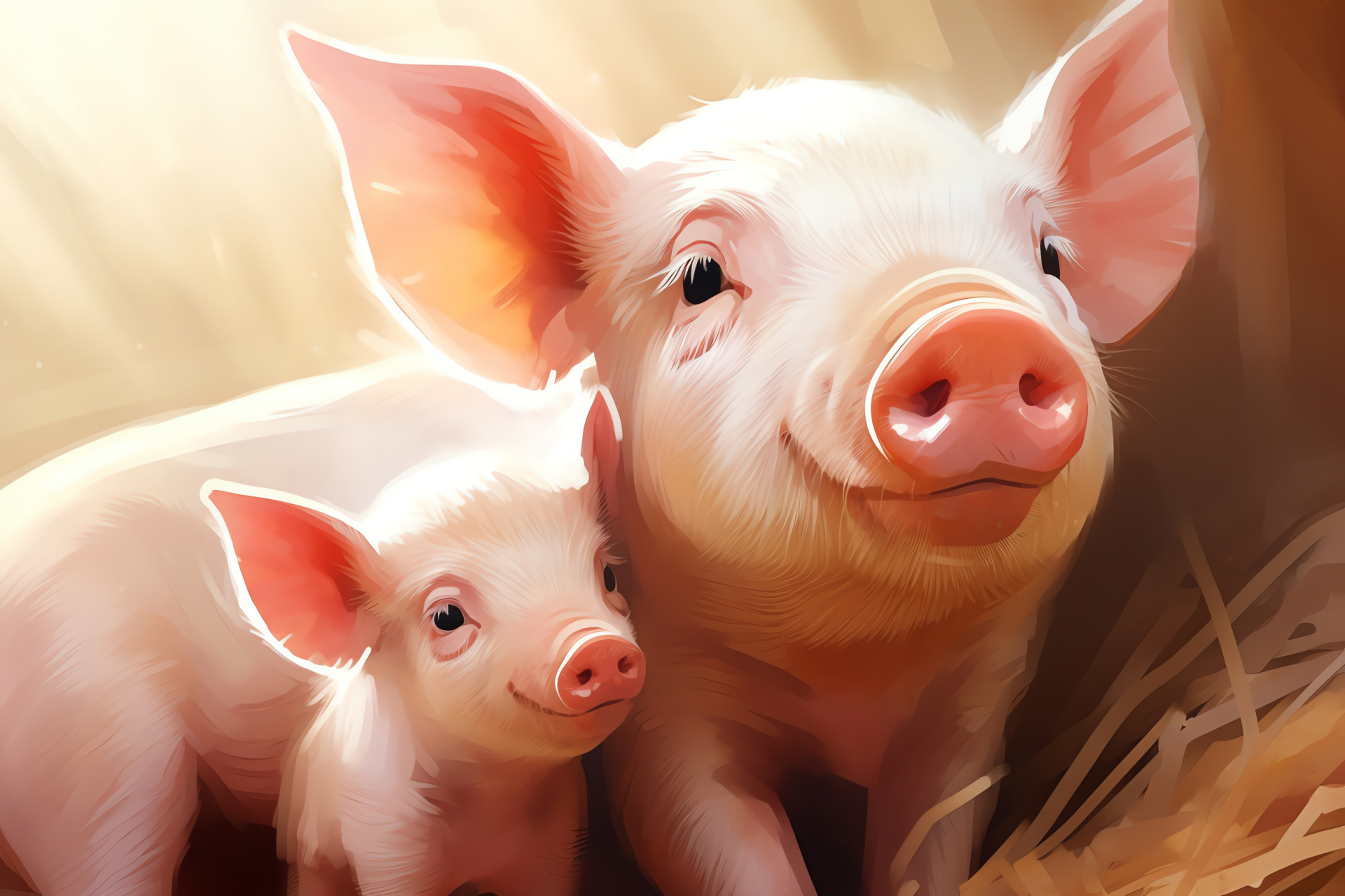 Pig sentiment, Barnyard scene, Swine affection, Pastoral piglets, Farm animal warmth, HD Desktop Image