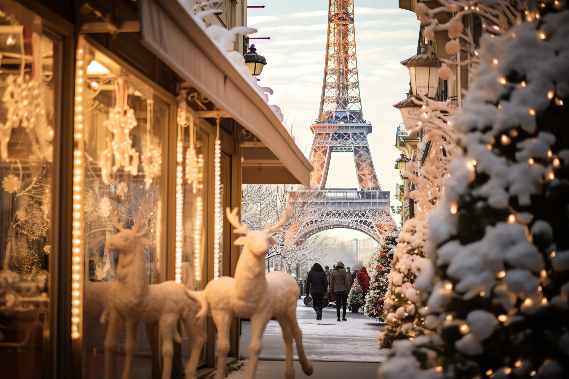 Red-Nosed sentinel Paris, French capital holiday display, Iron Parisian structure, Evening glow twinkle, Noel charm cityscape, HD Desktop Wallpaper