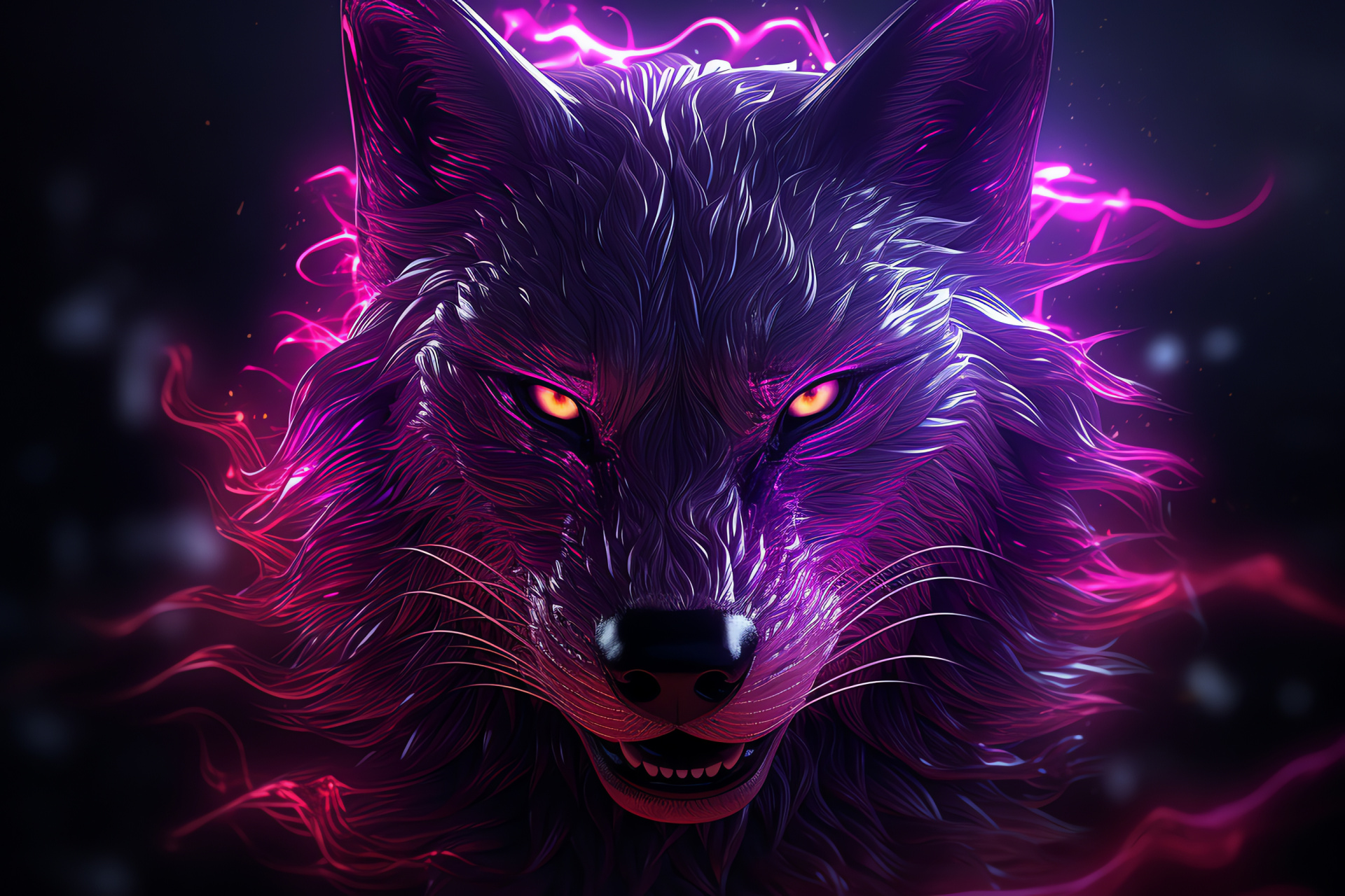 Neon Wolf, Predatory yellow orbs, Fantastic pink-purple fur, Abstract glowing artwork, Animal sleekness, HD Desktop Wallpaper