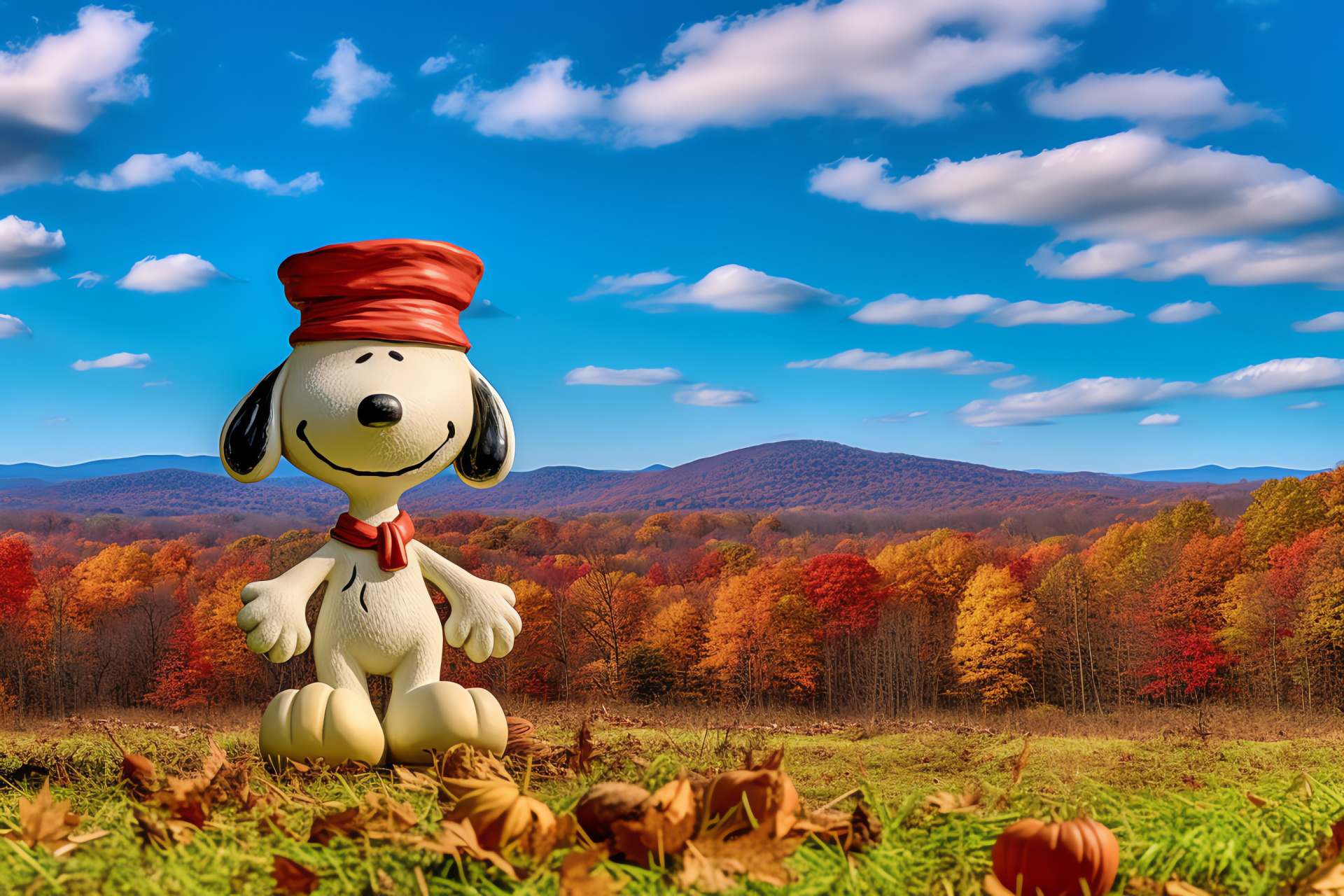 Snoopy and Woodstock, Thanksgiving day, Pilgrims' celebration, scenic field, holiday scene, HD Desktop Image