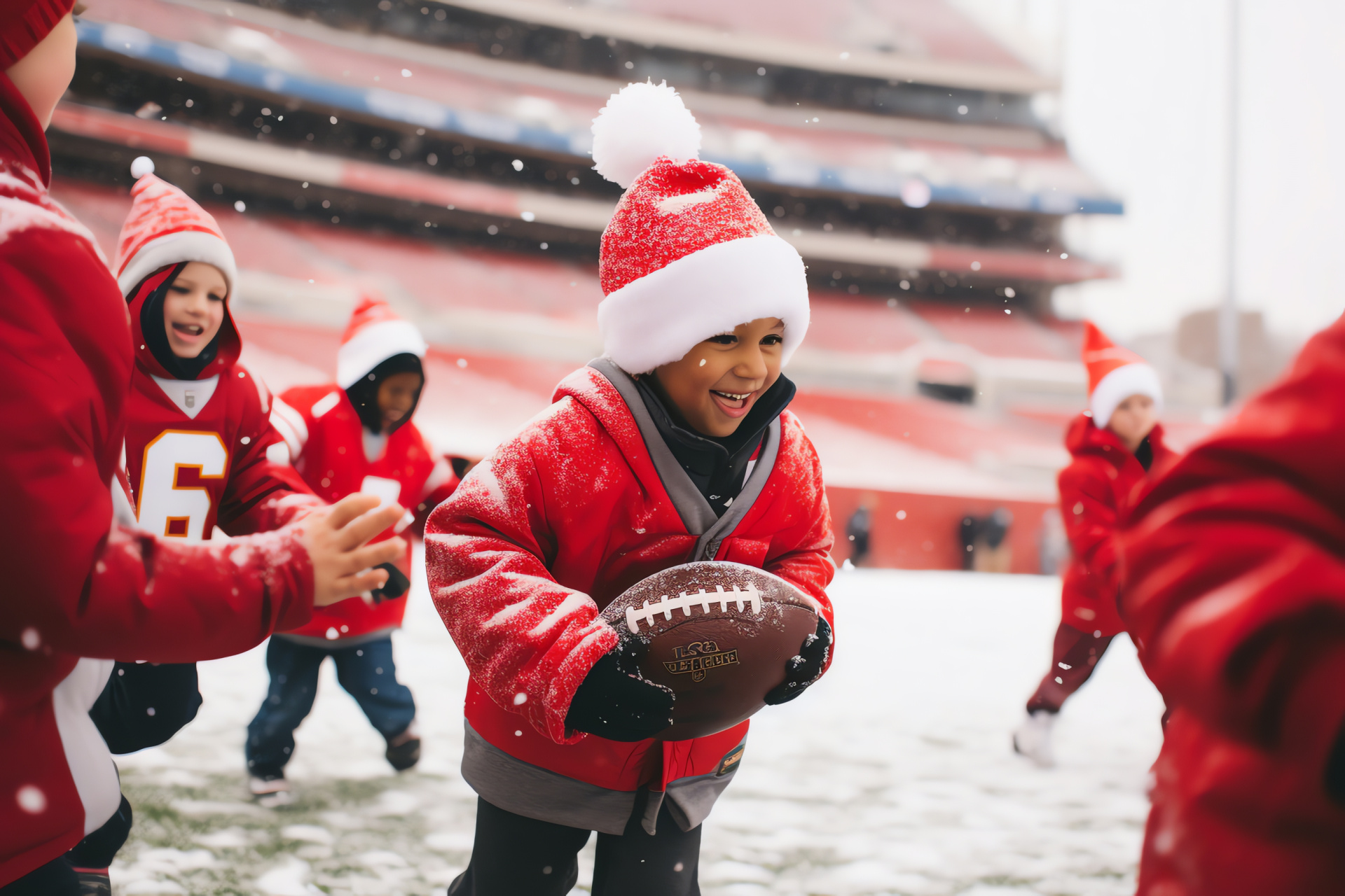 NFL Christmas spirit, Snowy playfield, Holiday-themed match, Winter sportwear, Stadium ambiance, HD Desktop Image