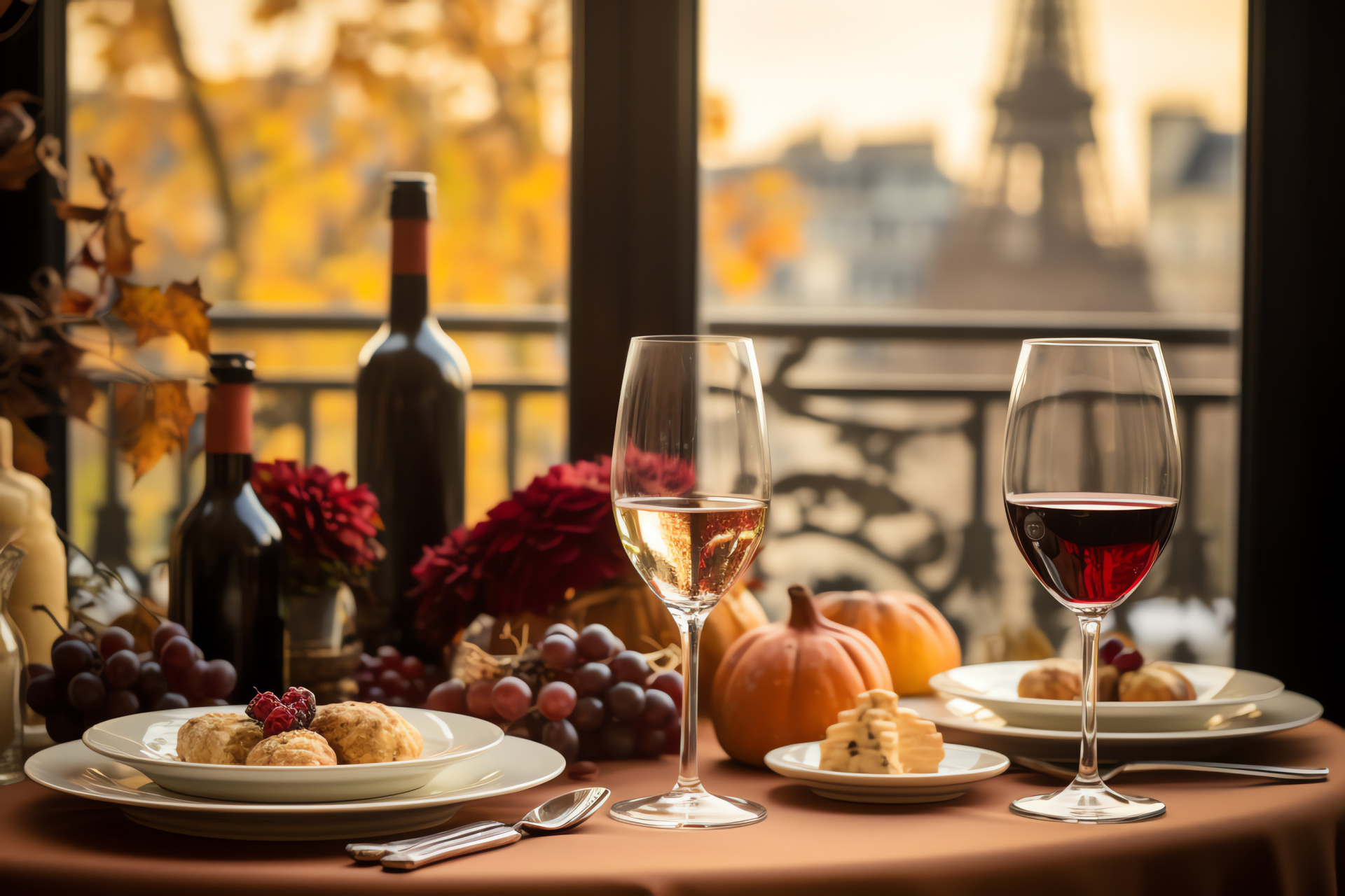 Parisian Thanksgiving, Elegant dinner, Culinary delight, City of Lights, Festive gathering, HD Desktop Image