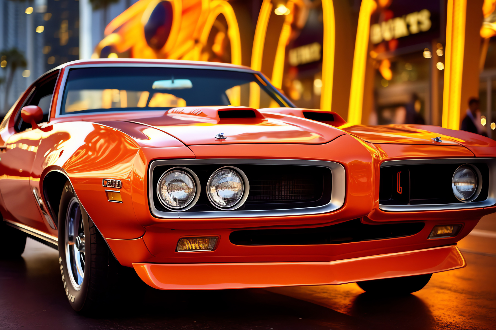 Pontiac GTO muscle car, iconic Vegas backdrop, high viz orange finish, nightlife glow, American automotive history, HD Desktop Wallpaper