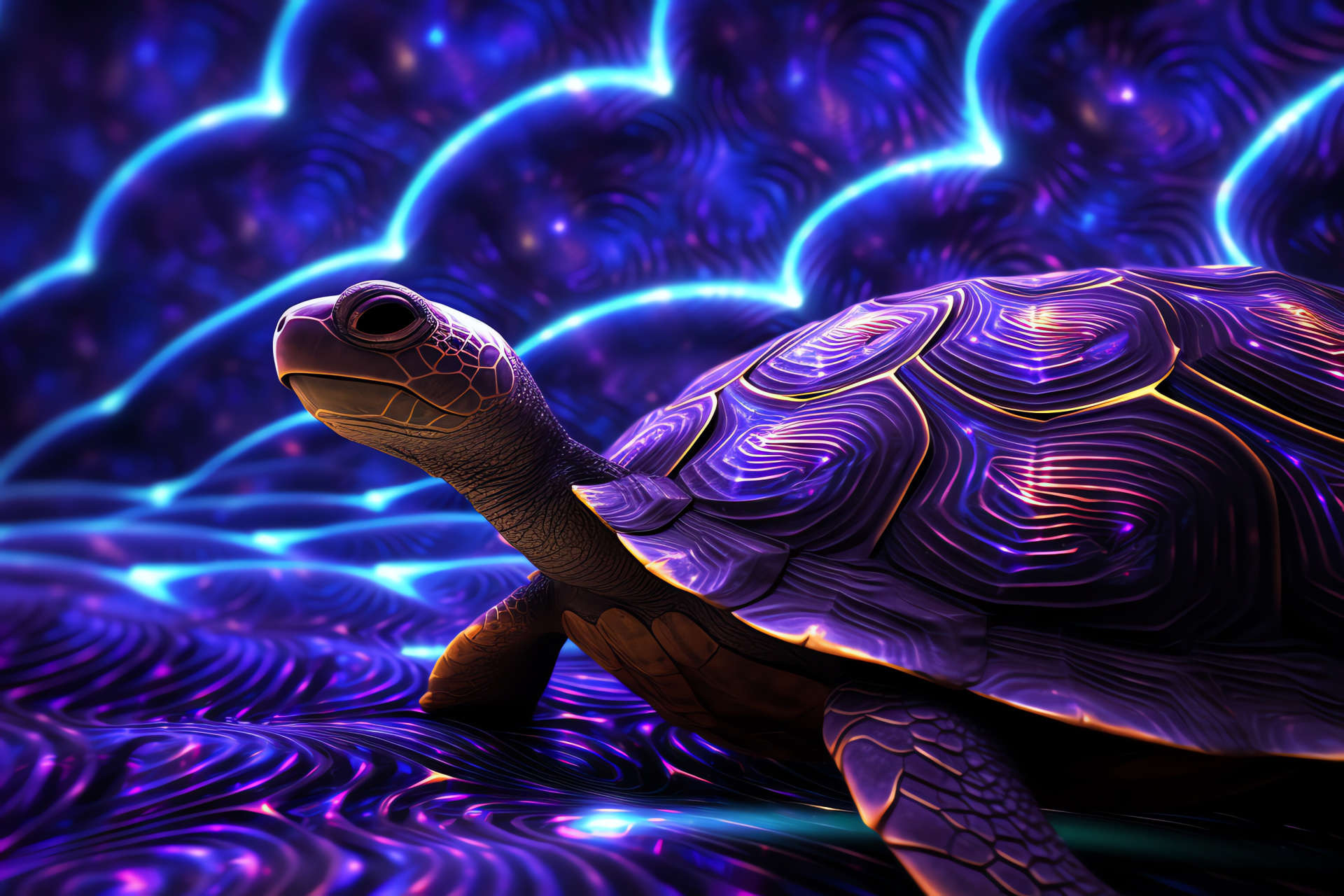 Nocturnal turtle pattern, Swirling shell design, Astral lines, Purple-blue shades, Marine creature, HD Desktop Image