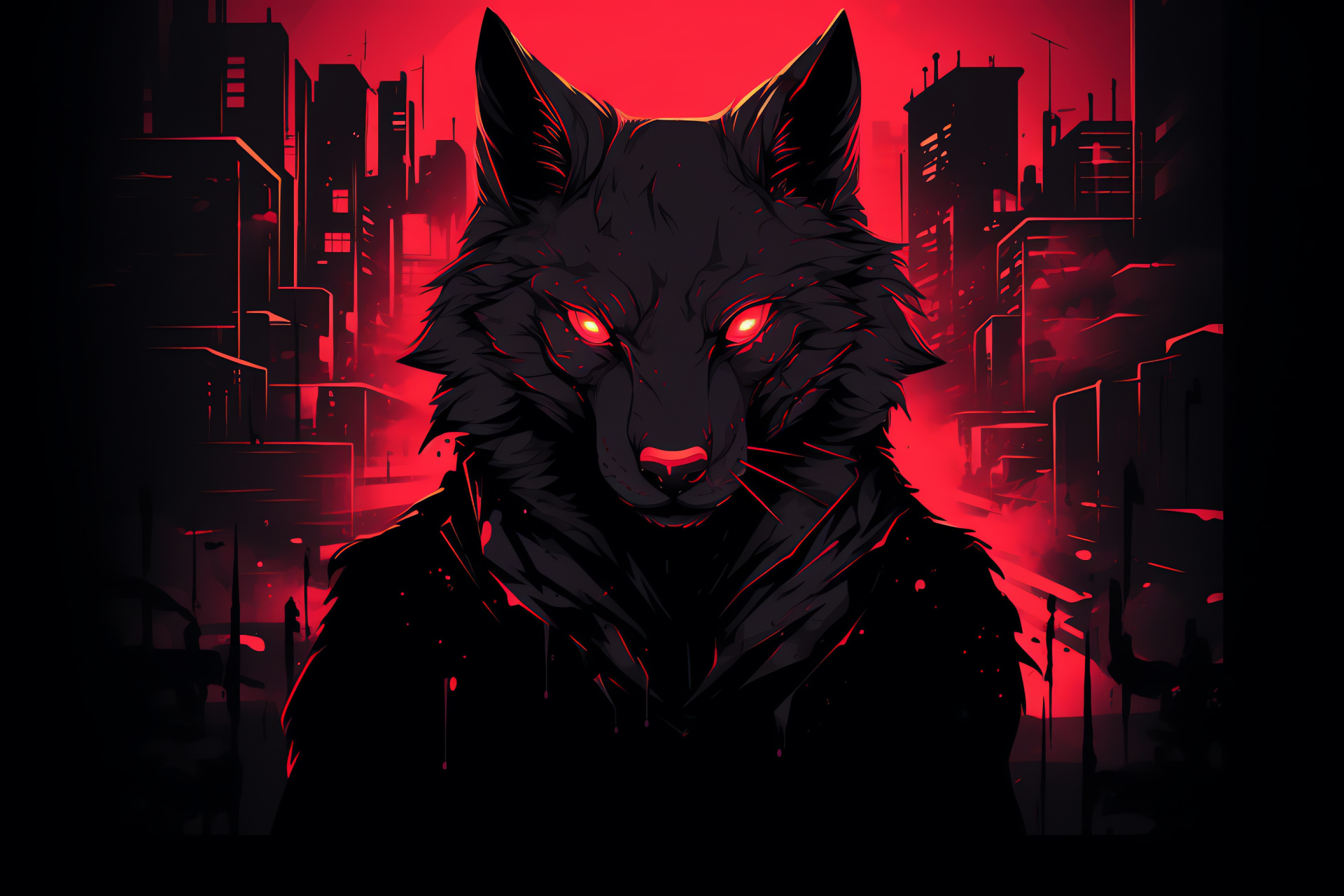 Cyberpunk Black Wolf, Intense red-eyed look, Sleek nighttime creature, Urban jungle setting, Futuristic animal portrayal, HD Desktop Image