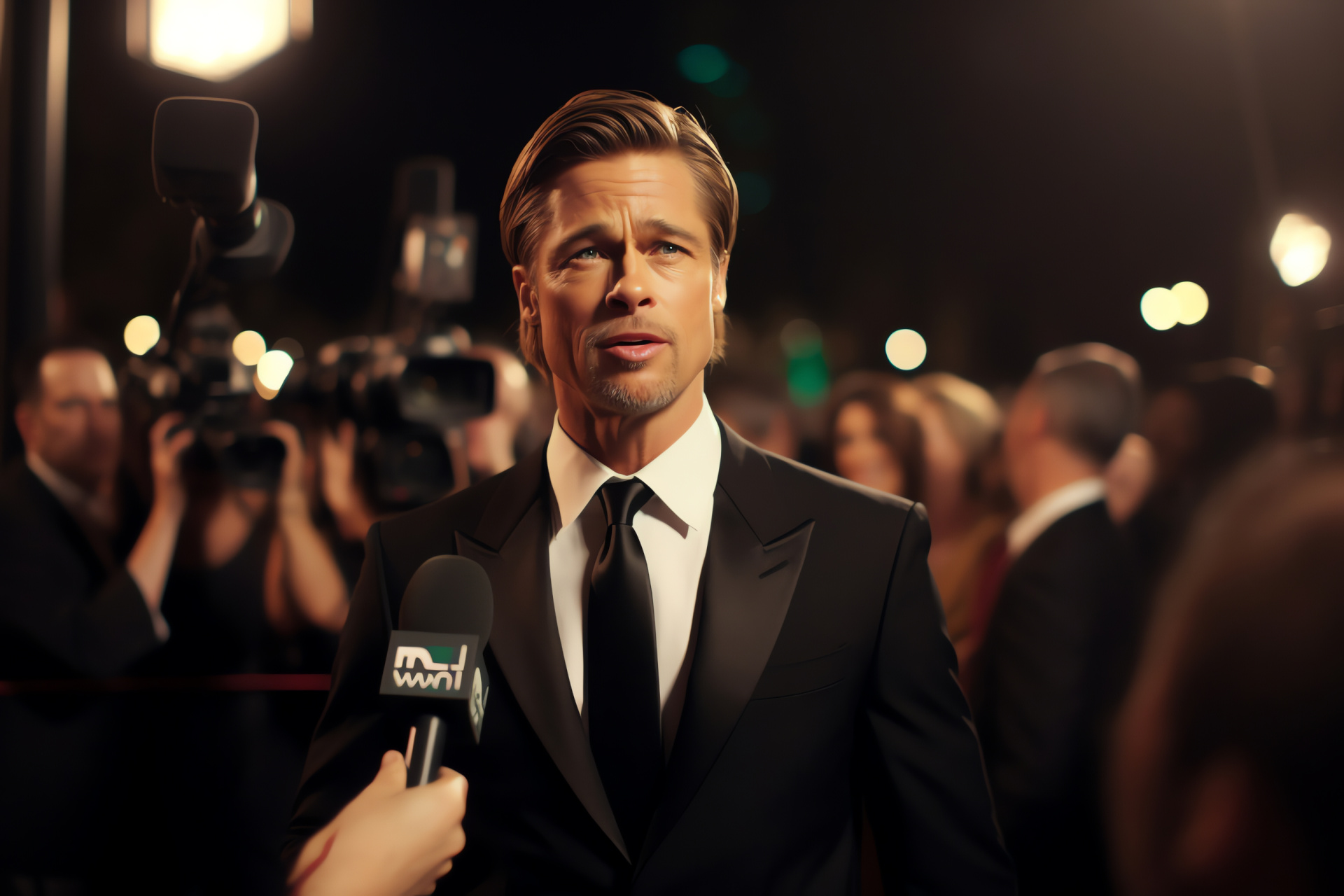 Brad Pitt, Prestigious red carpet, Black-tie suit, Hazel-eyed actor, Press event microphone, HD Desktop Image