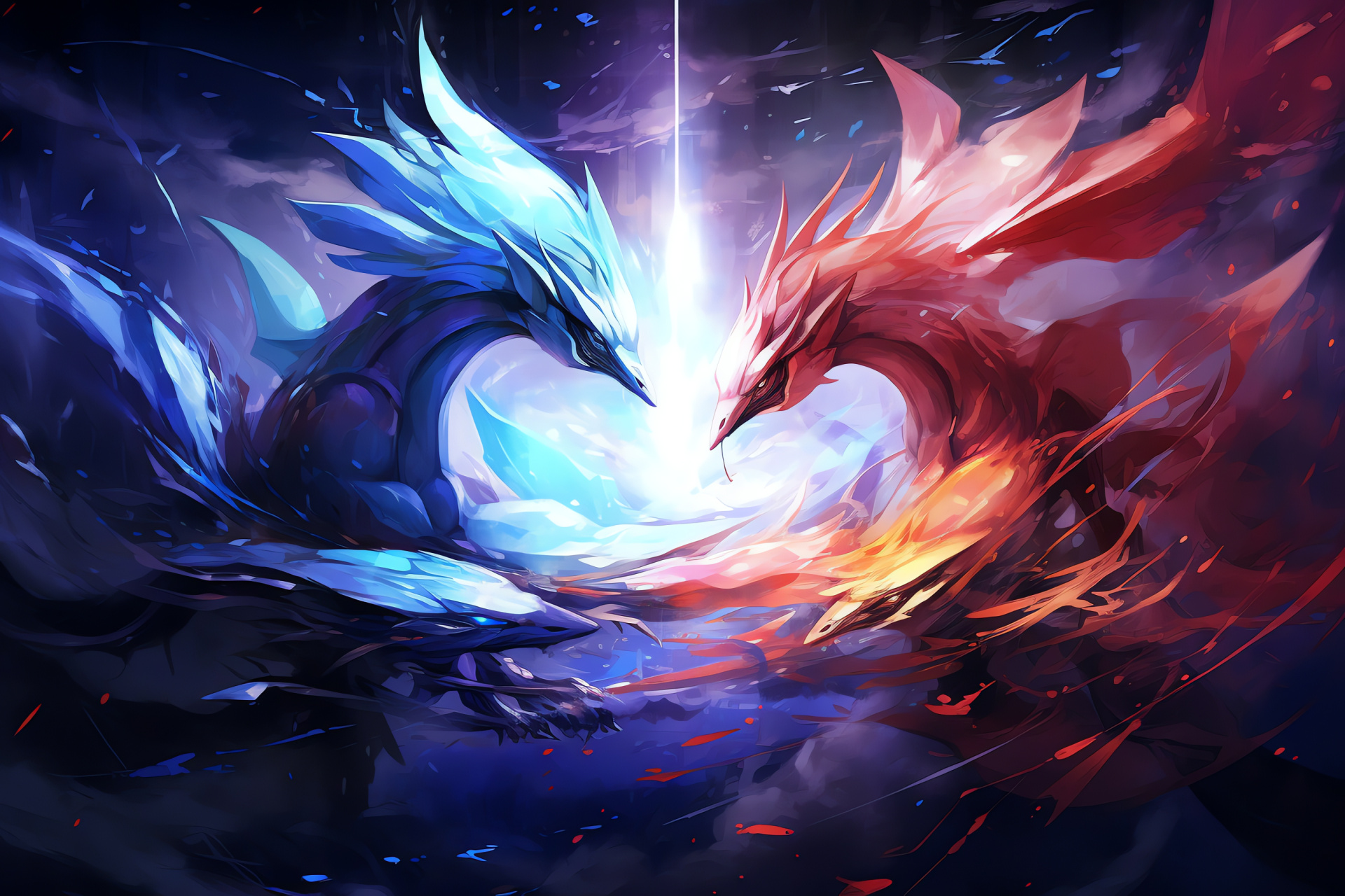 Latios and Latias in battle, Metropolis locale, Opposition challenge, Game scenario, Dragonic force, HD Desktop Wallpaper