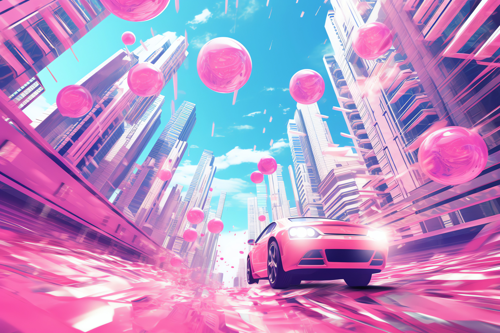 Pink retro automobile, elevated city perspective, nostalgic design, future skyline, towering structures, HD Desktop Image