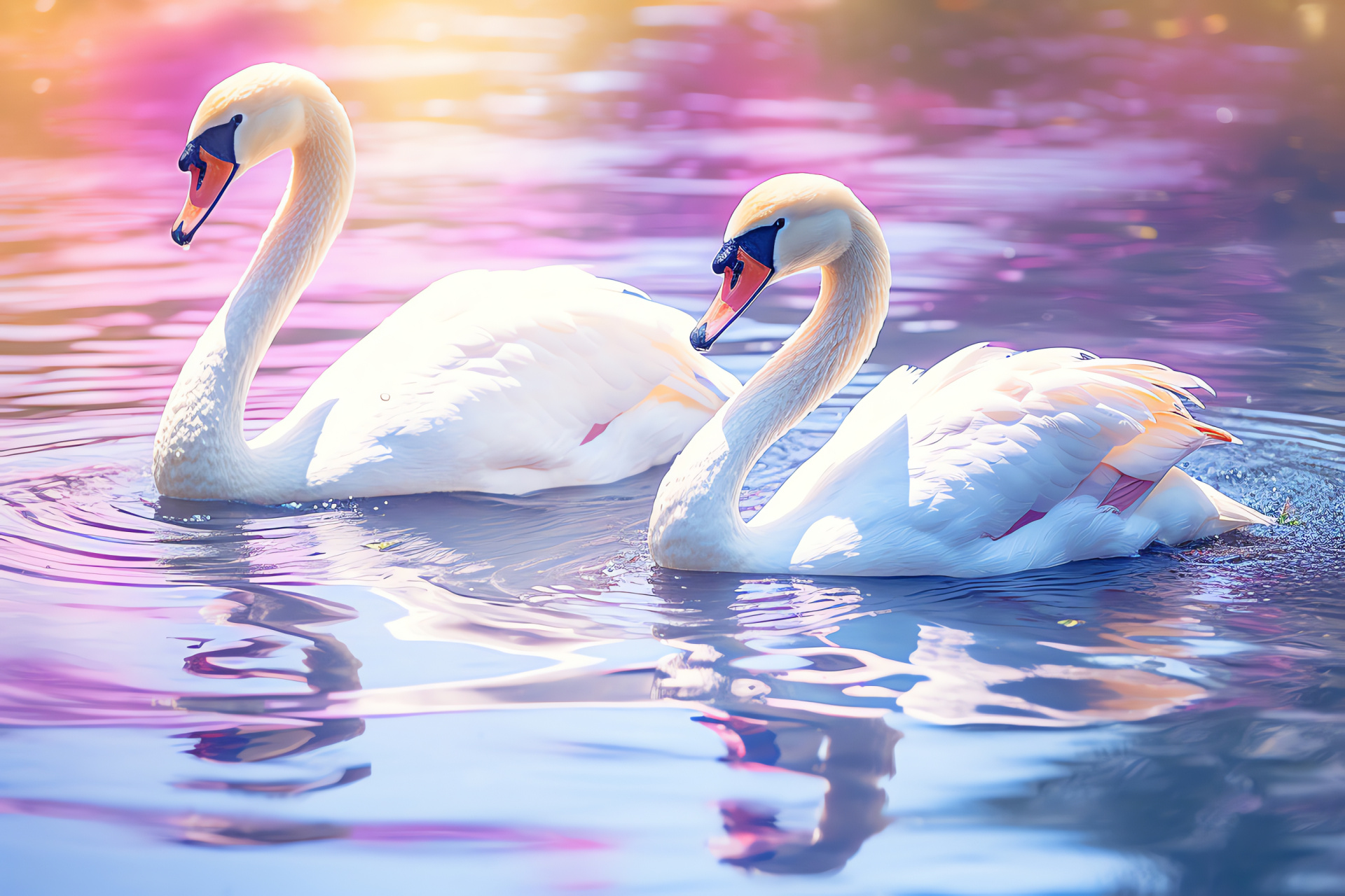 Swan trio, reflective water surface, pink-hued skyline, elegant water birds, nature's grace, HD Desktop Image