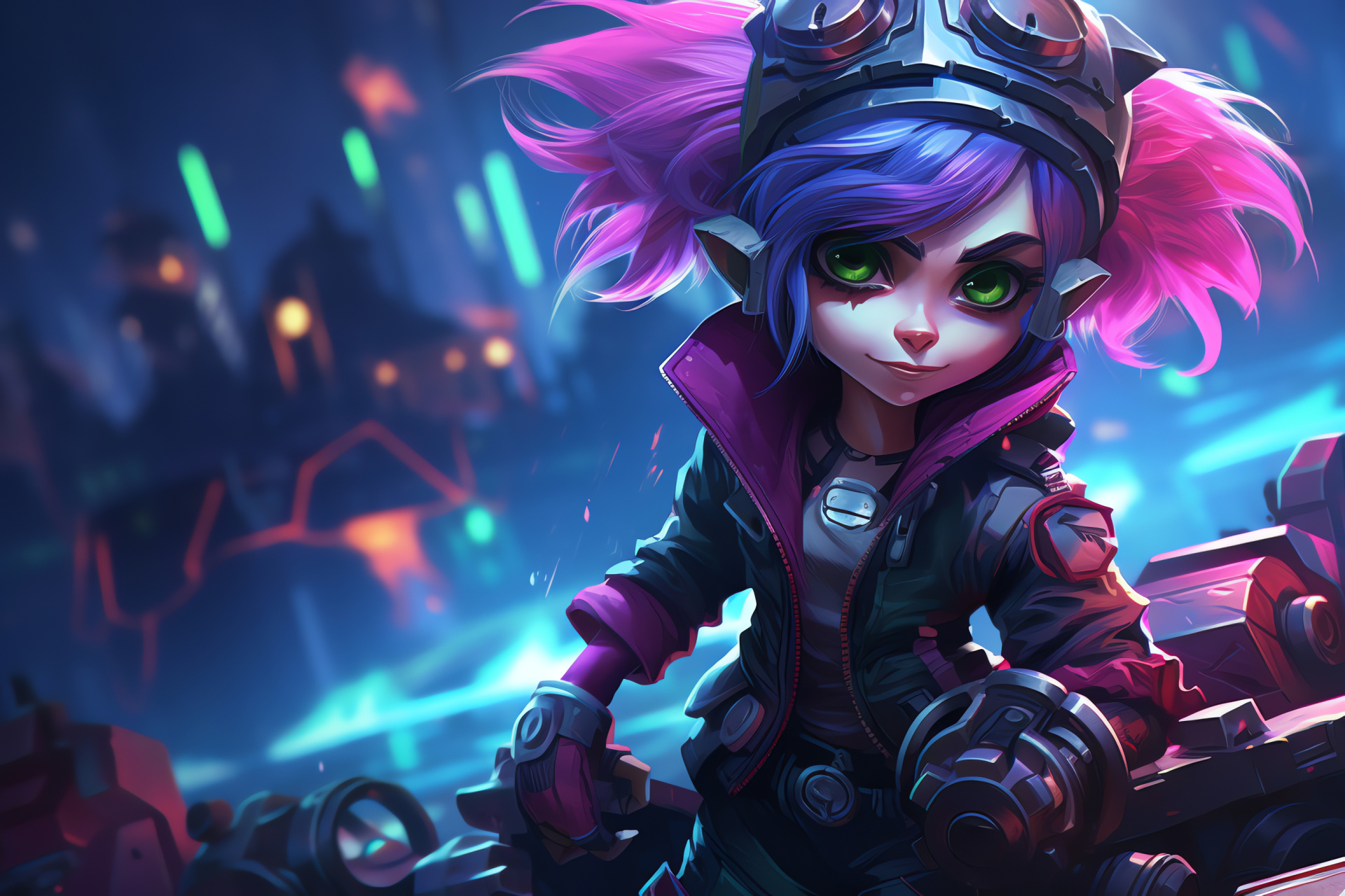 Tristana in neon cityscape, Yordle character artwork, Graffiti-style digital art, Futuristic dystopian themes, Cyber-inspired visuals, HD Desktop Wallpaper