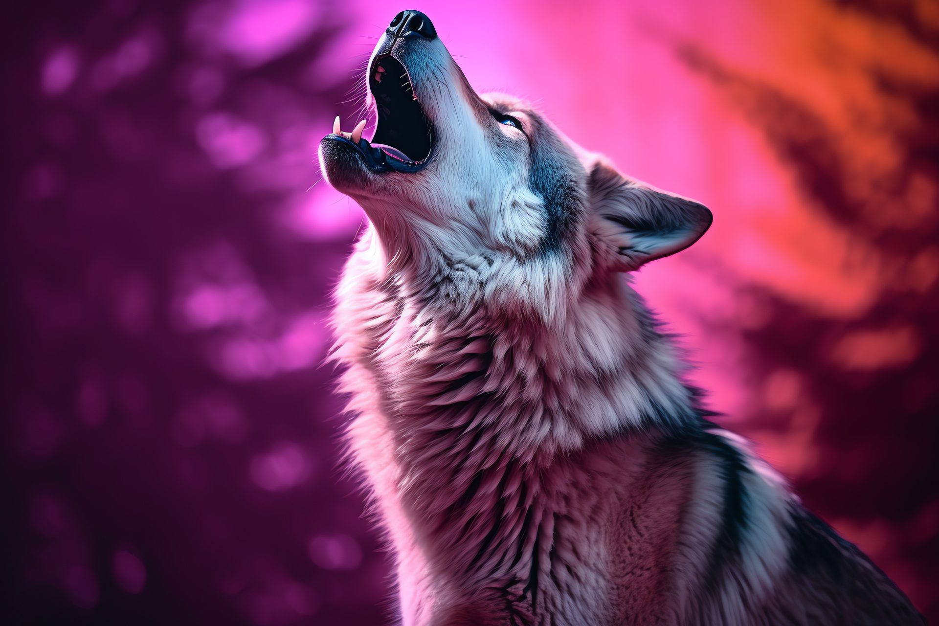 Wolf howl, Canis lupus, Tri-hue canvas, Midnight purple hue, Sapphire sky, HD Desktop Wallpaper