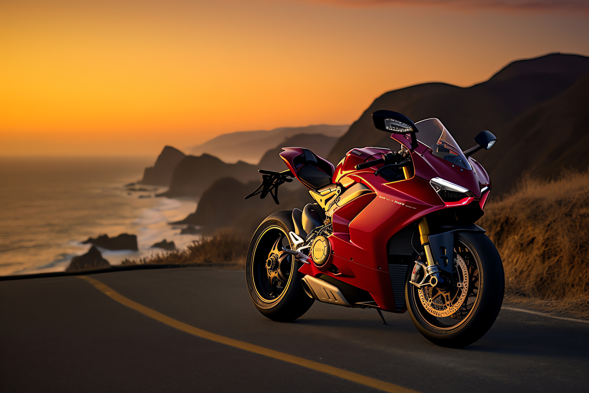 Ducati Panigale V4 S, Coastal ride, High-speed touring, Sunset cruising scenes, Aerodynamic motorcycle, HD Desktop Image