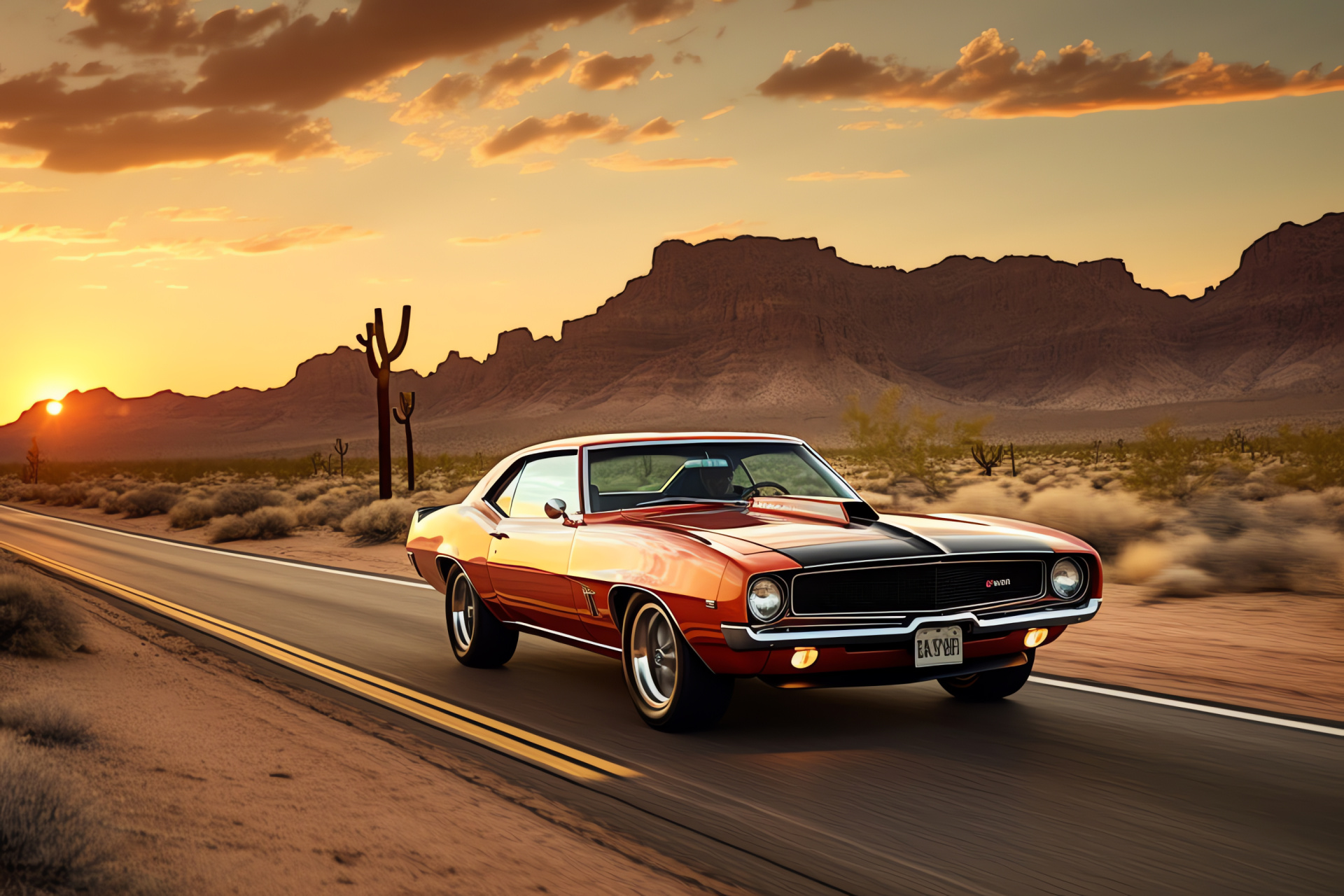 Chevrolet Camaro cruising Route 66, Camaro in desert sunset, American automobile legacy, Open road emblem, Historic scenic route, HD Desktop Wallpaper