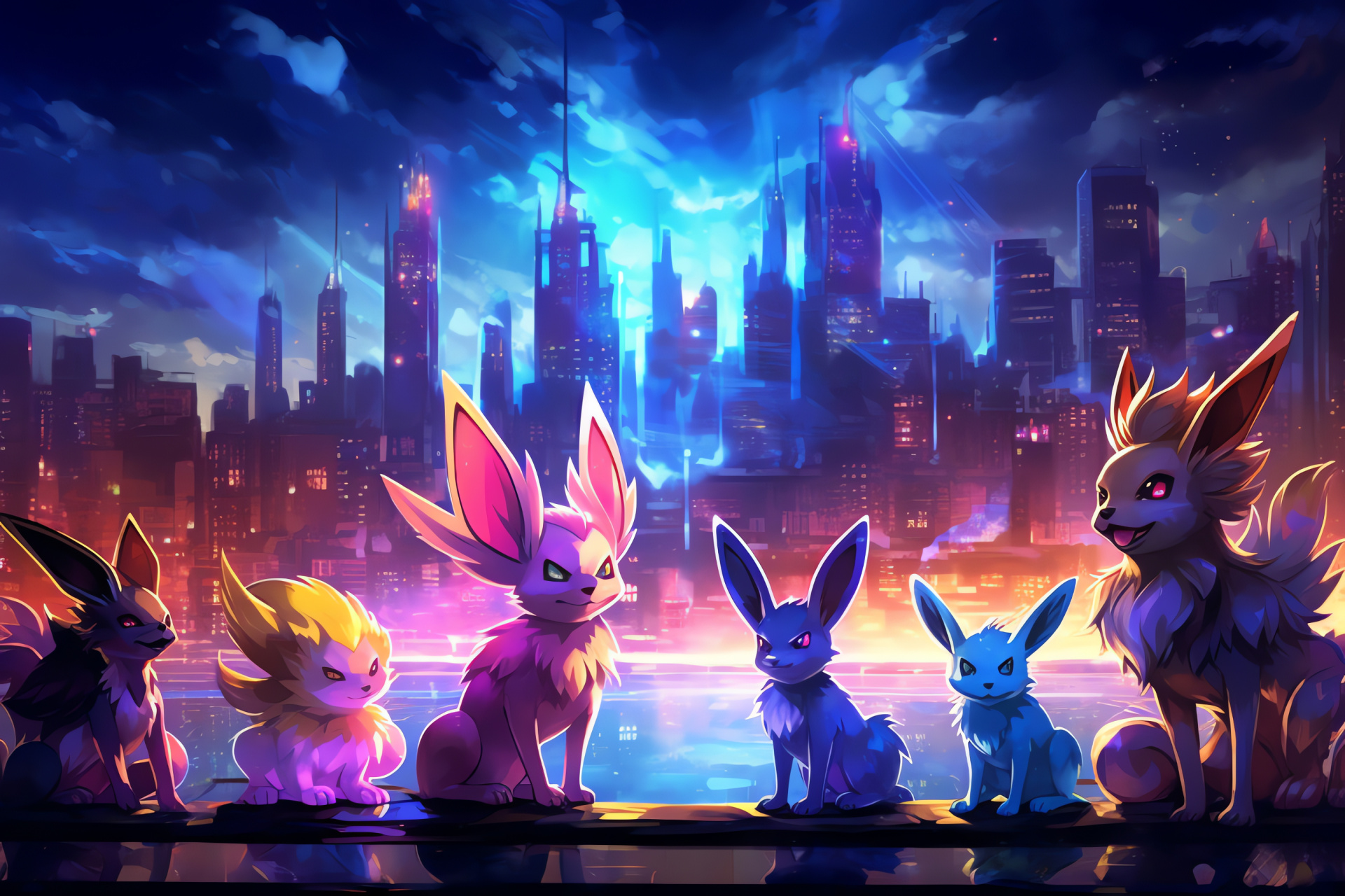 Eevee species shifts, metropolitan skyline, crepuscular hours, towering structures, animated evolution, HD Desktop Image