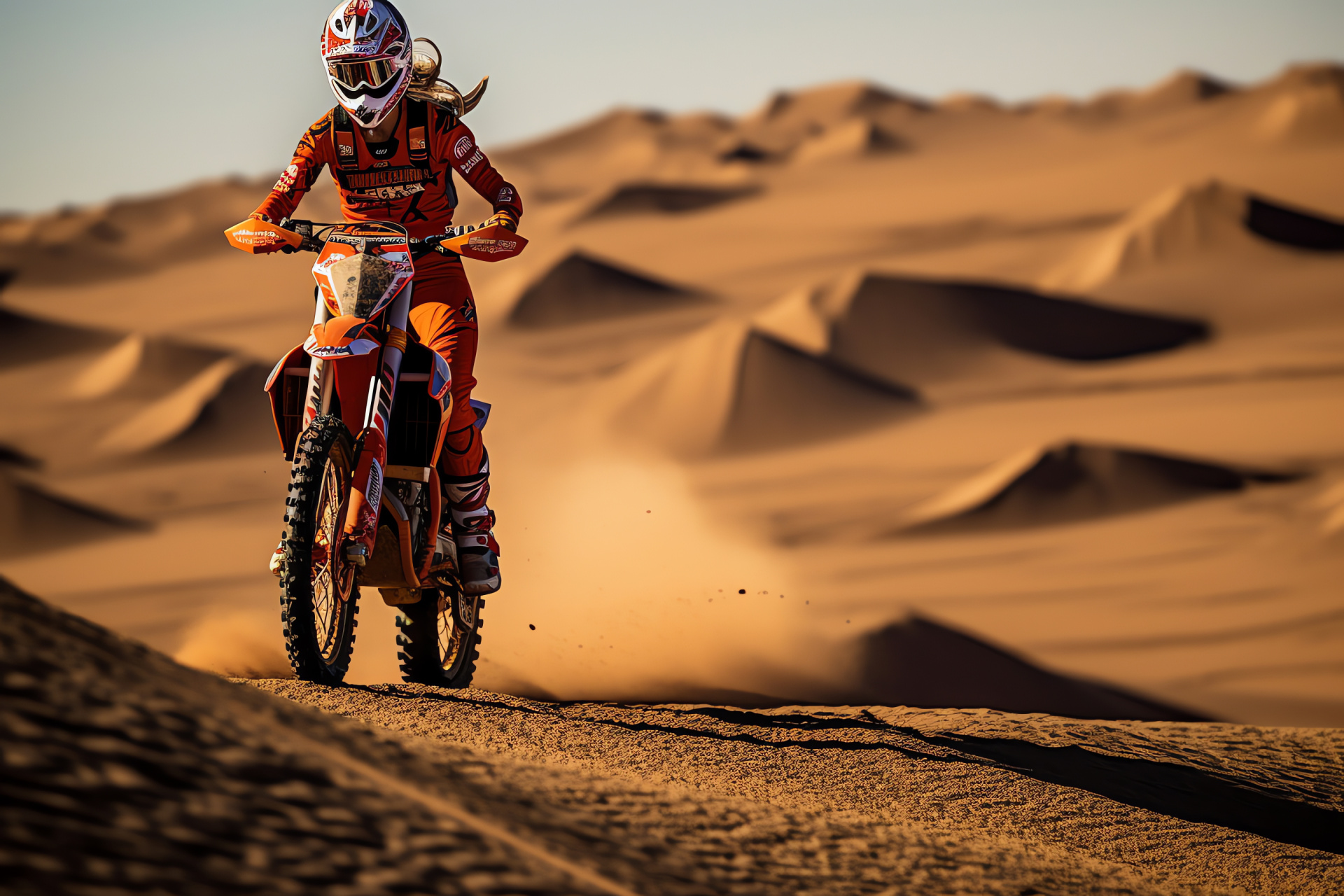 Desert racing, Women on KTM bikes, Captivating red attire, Wide landscape views, Dirt track experience, HD Desktop Image