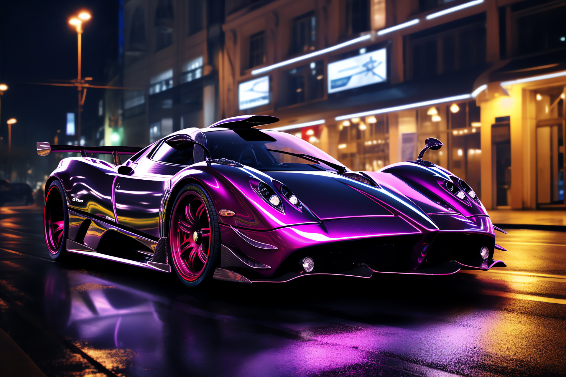 Pagani Zonda F Cityscape, Urban glimmer, Nighttime allure, High gloss finish, Automotive luxury, HD Desktop Wallpaper