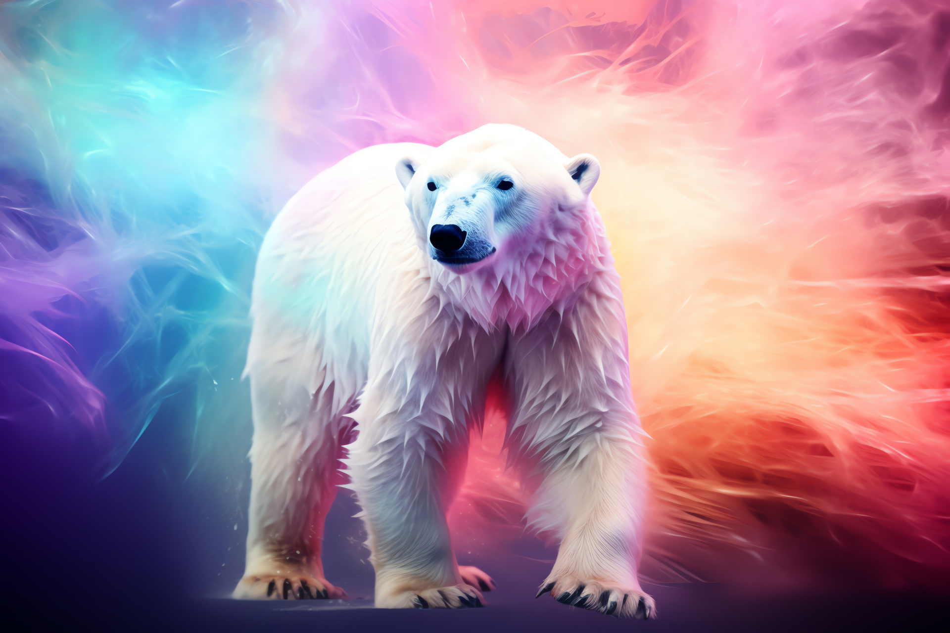 Illuminated Polar Bear, Neon spectacle, White Arctic creature, Electric light show, Bear silhouette, HD Desktop Image