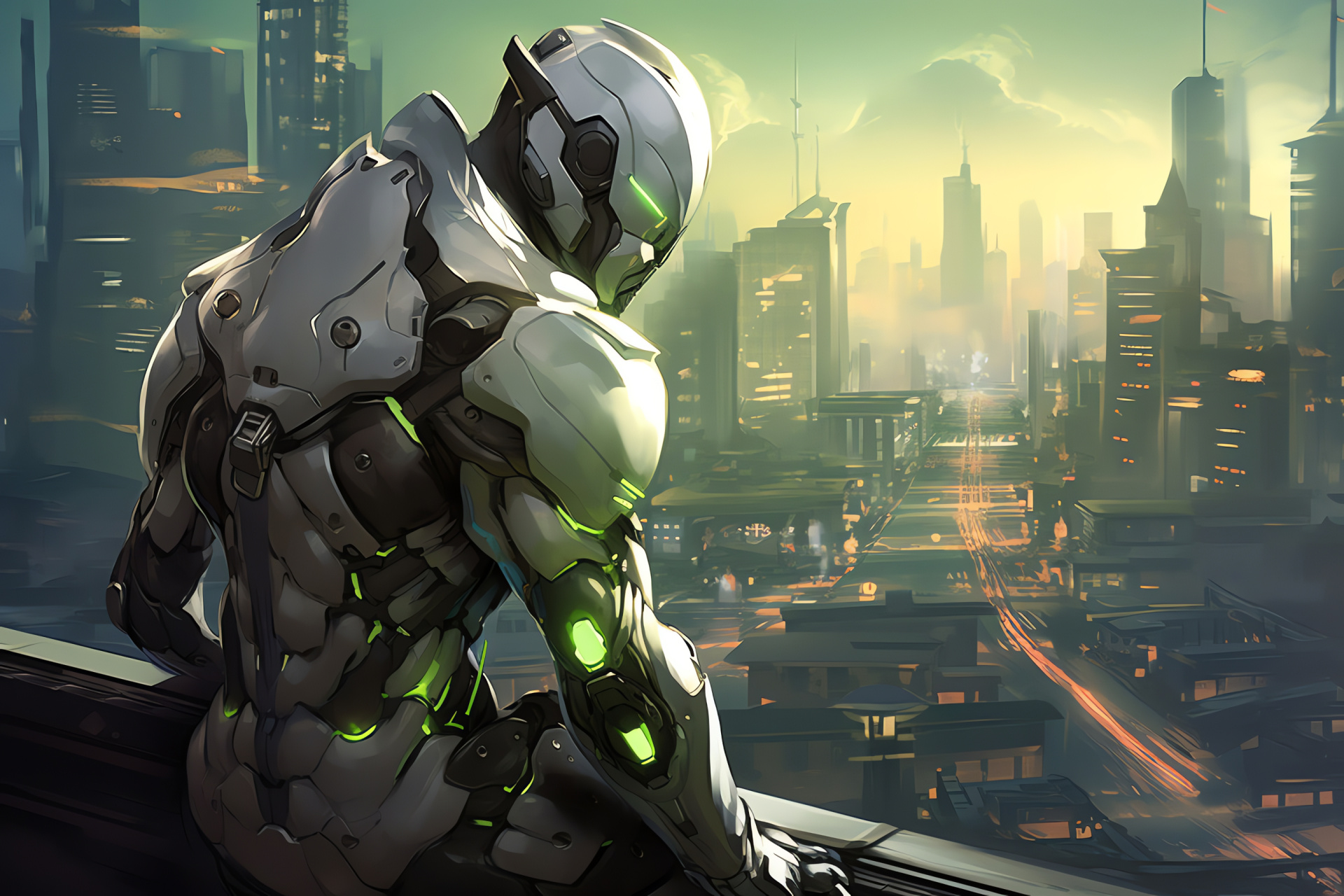 Futuristic Genji, Overwatch robotic agility, English capital skyline, urban combat, advanced ninja suit, HD Desktop Wallpaper