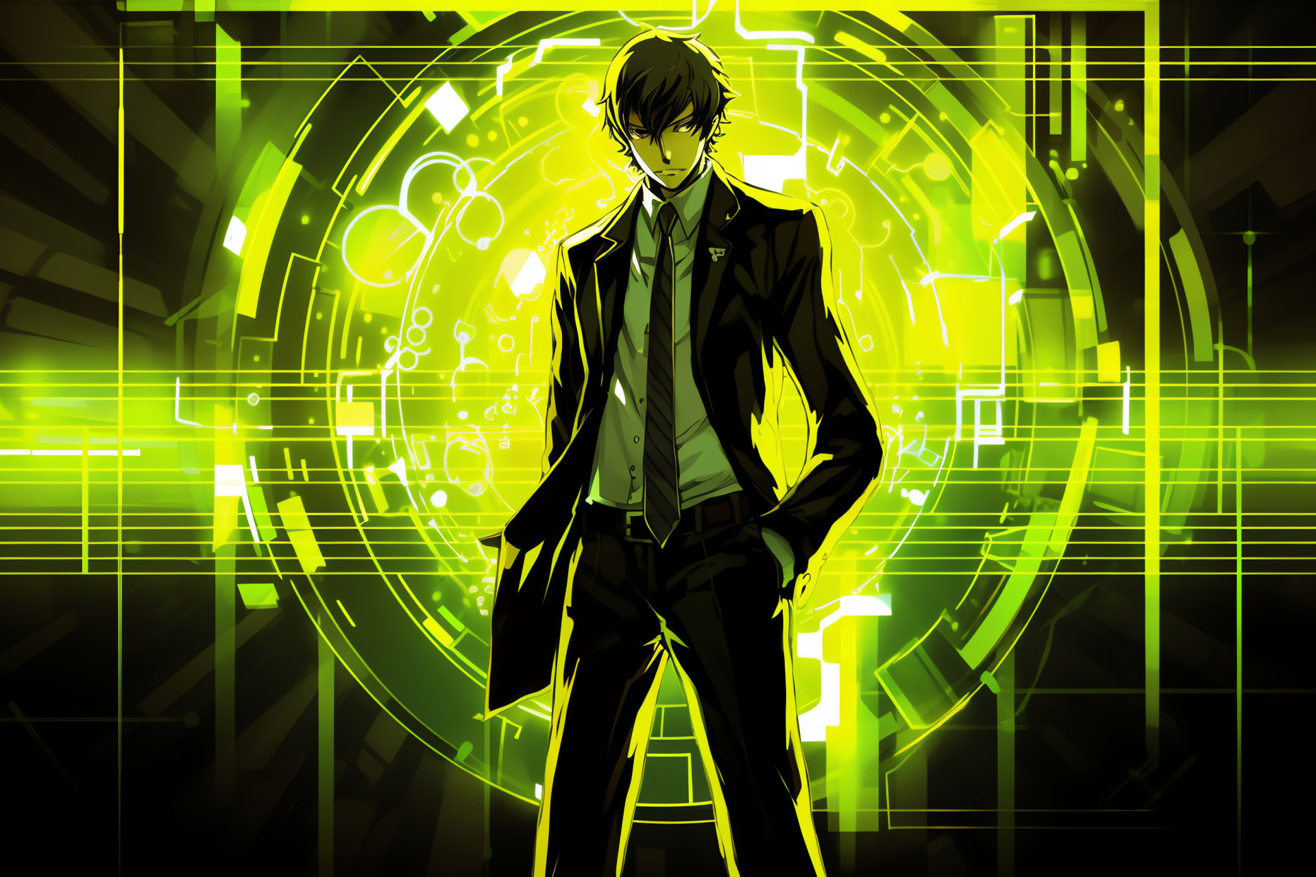 Adachi portrayal, Luminous line art, Neon blue presence, Detective story, Roleplaying game, HD Desktop Wallpaper