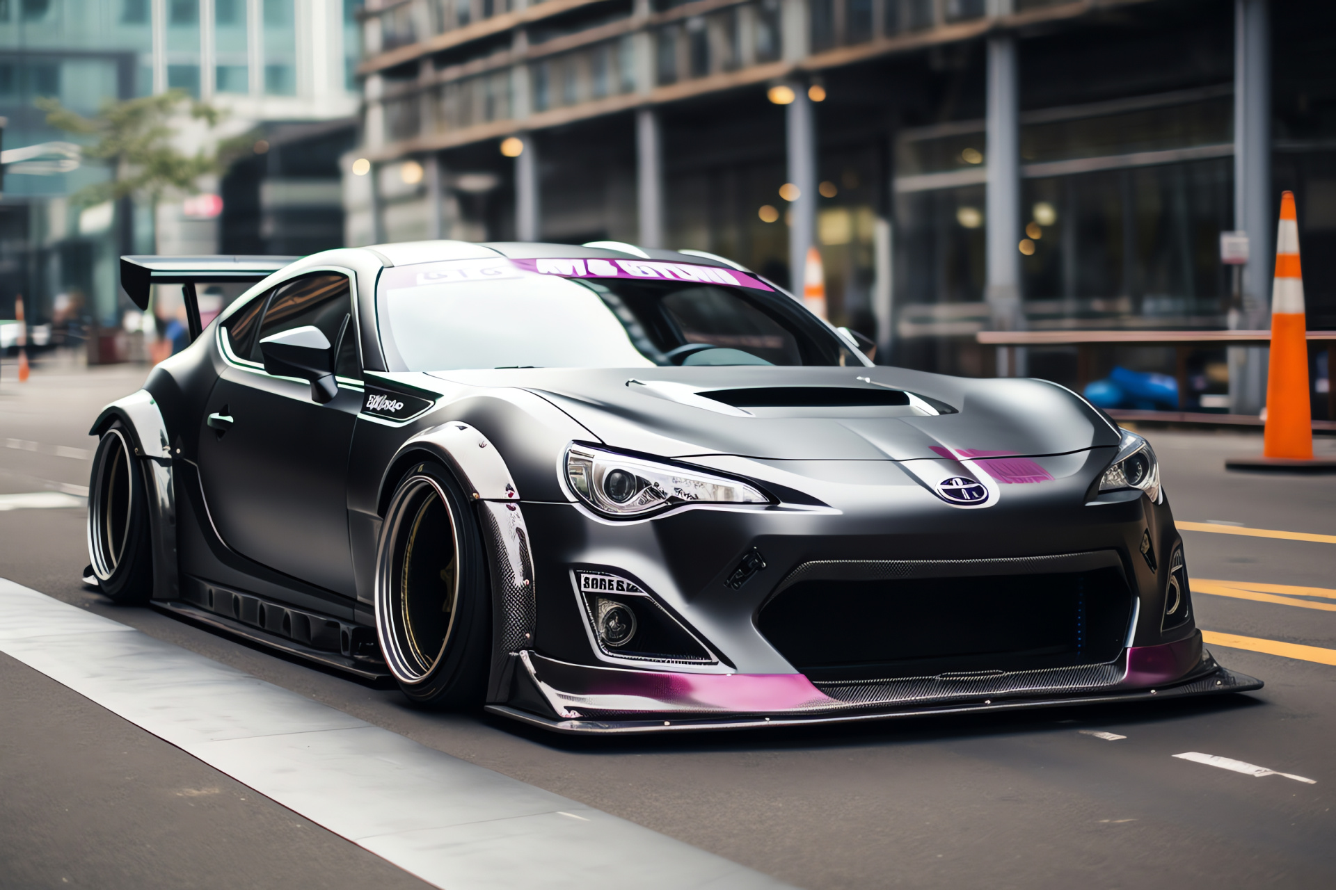 Scion FRS with Rocket Bunny kit, Tokyo financial area, modern vinyl wrap, angular kit, metropolitan skyline, HD Desktop Image