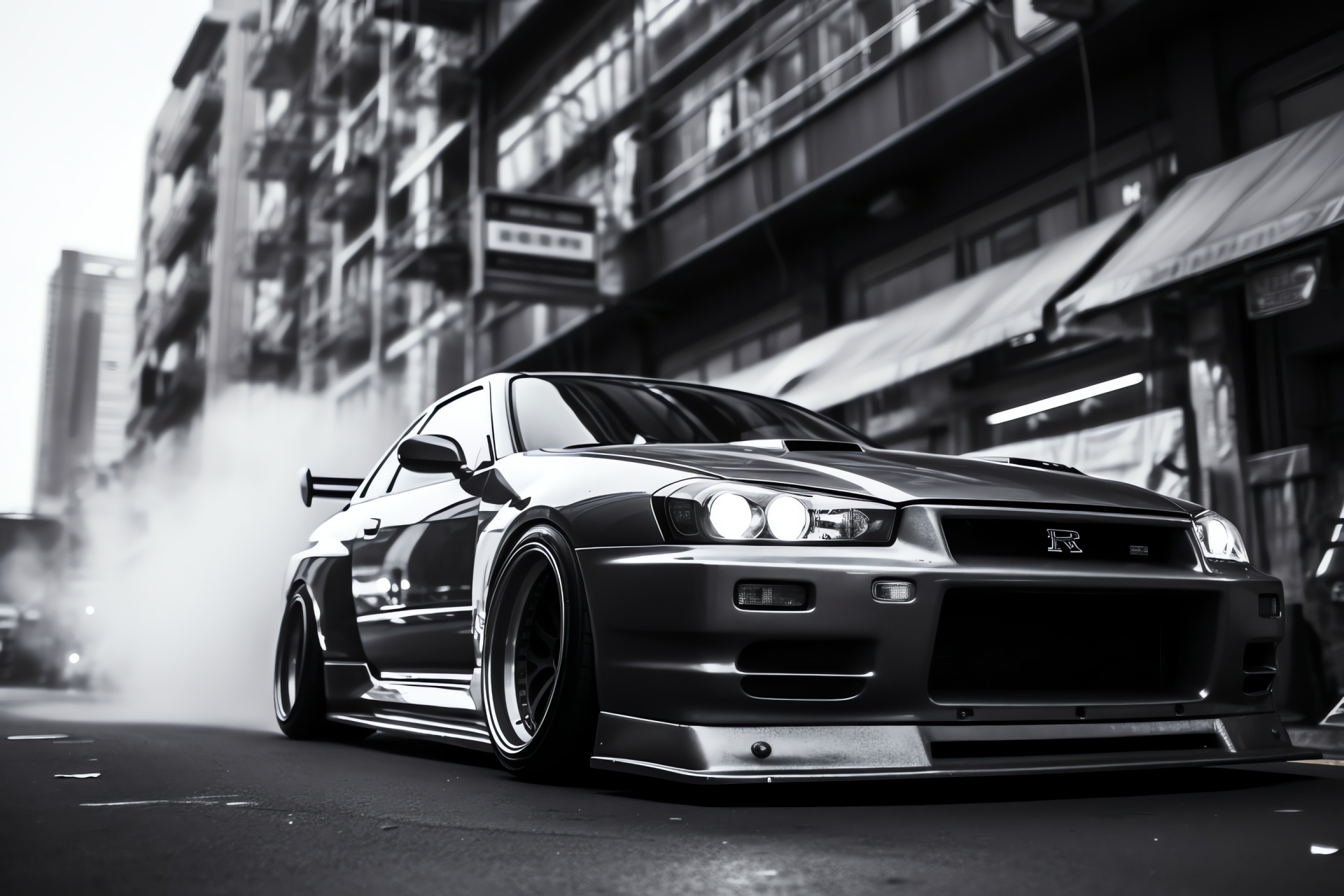 Nissan Skyline GTR R33 Tokyo, Urban drift, City lights, Automotive action, Sleek silver facade, HD Desktop Image