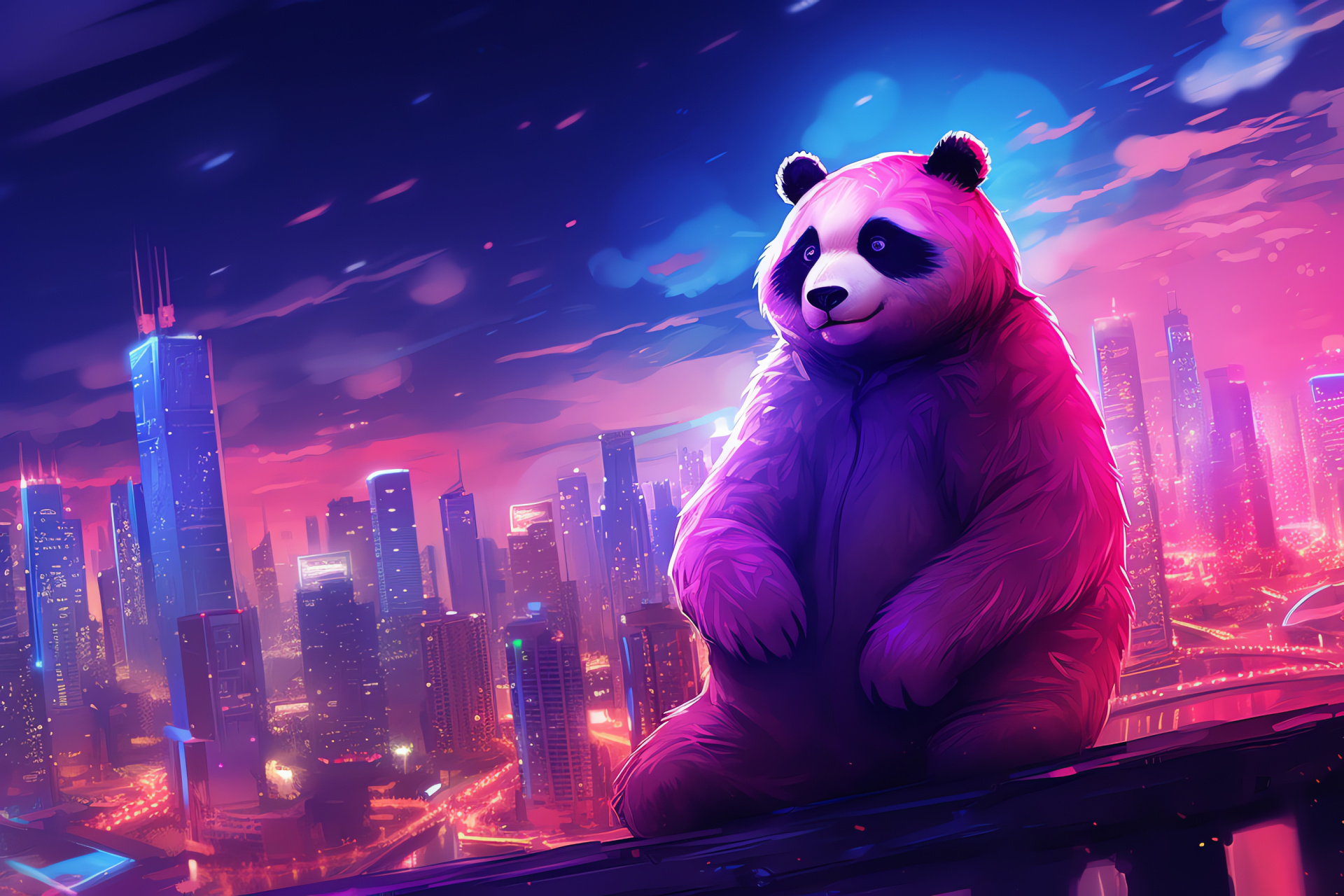 Adult Pink Panda, Unique wildlife, Rare animal coloration, Exotic creatures, Urban contrast, HD Desktop Wallpaper