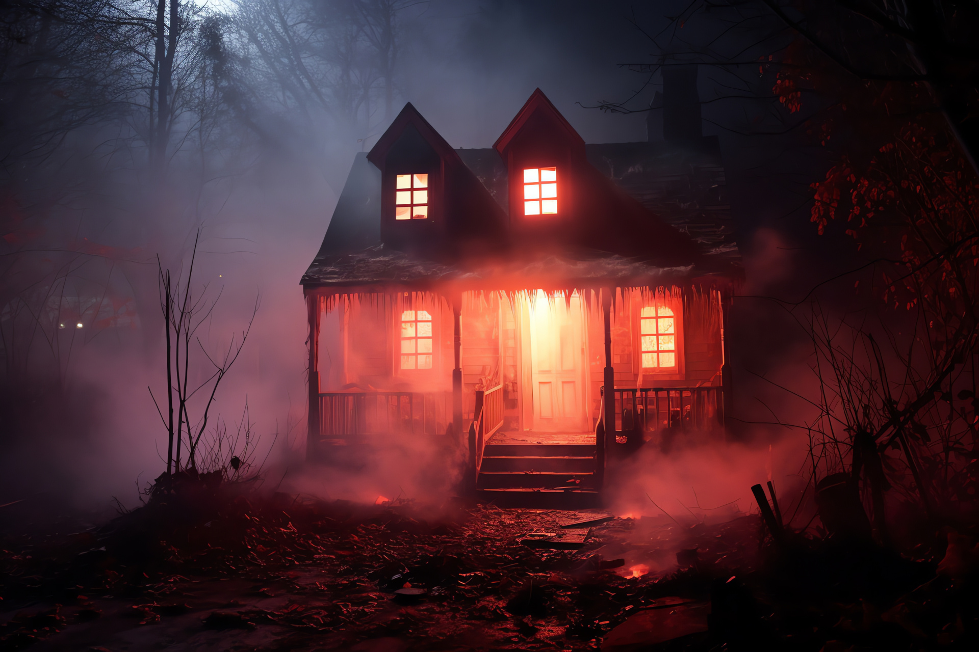 Creepy mansion, Horror attraction, Theme park scare, Ghostly figures, Spine-chilling scene, HD Desktop Image