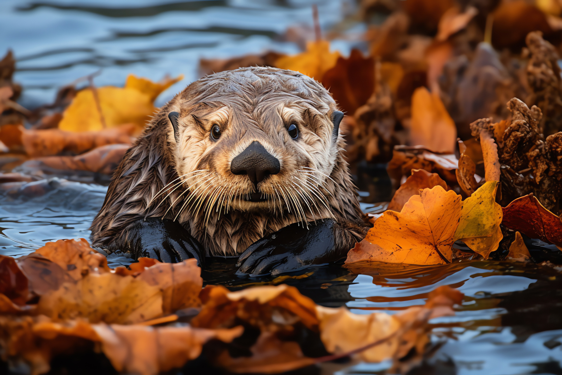 Foraging sea otter, Brown pelage, Monterey habitat, Aquatic shellfish diet, Floating kelp rest, HD Desktop Wallpaper