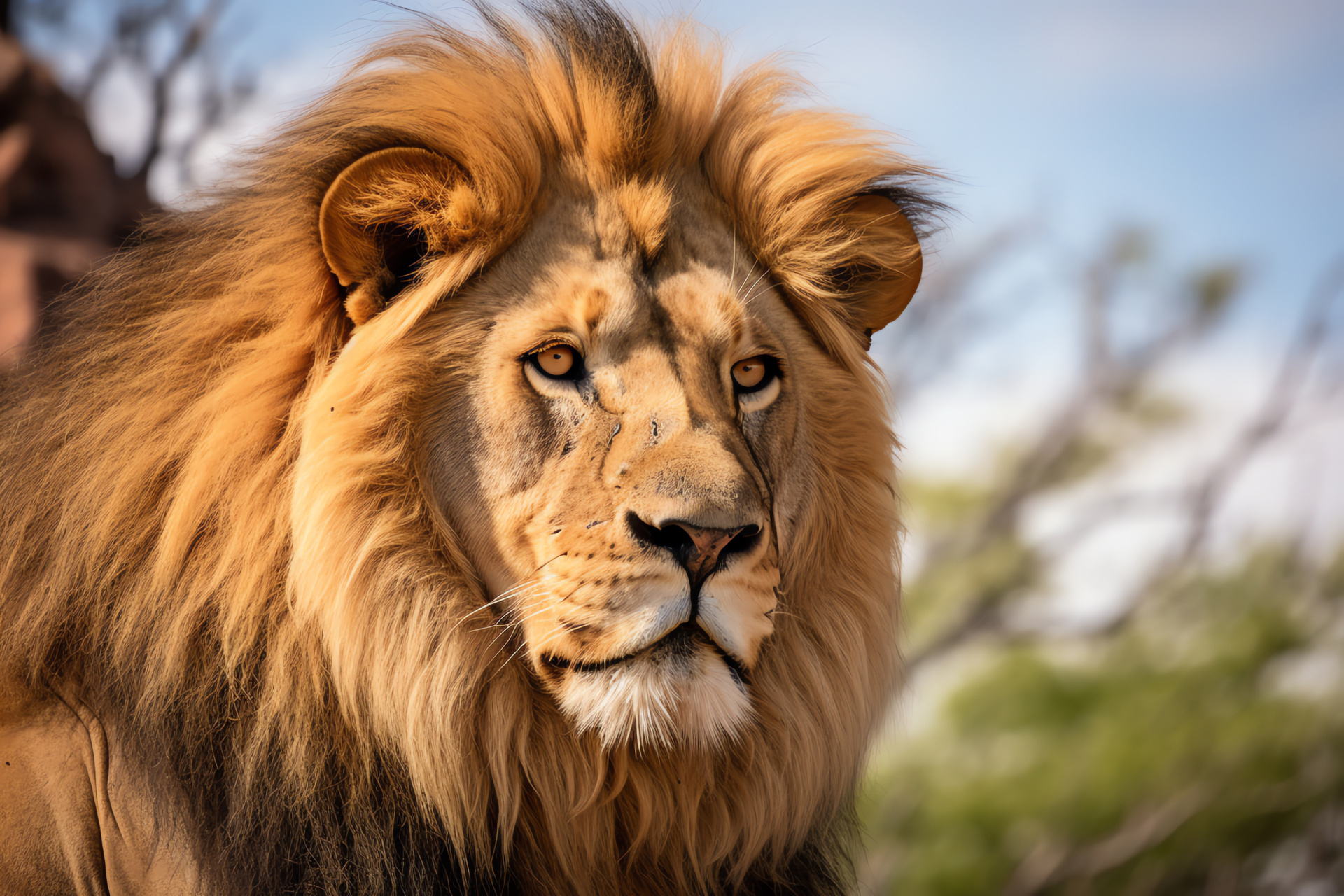 Male Lion, majestic aura, honeyed irises, beige pelt, contrasting markings, HD Desktop Image