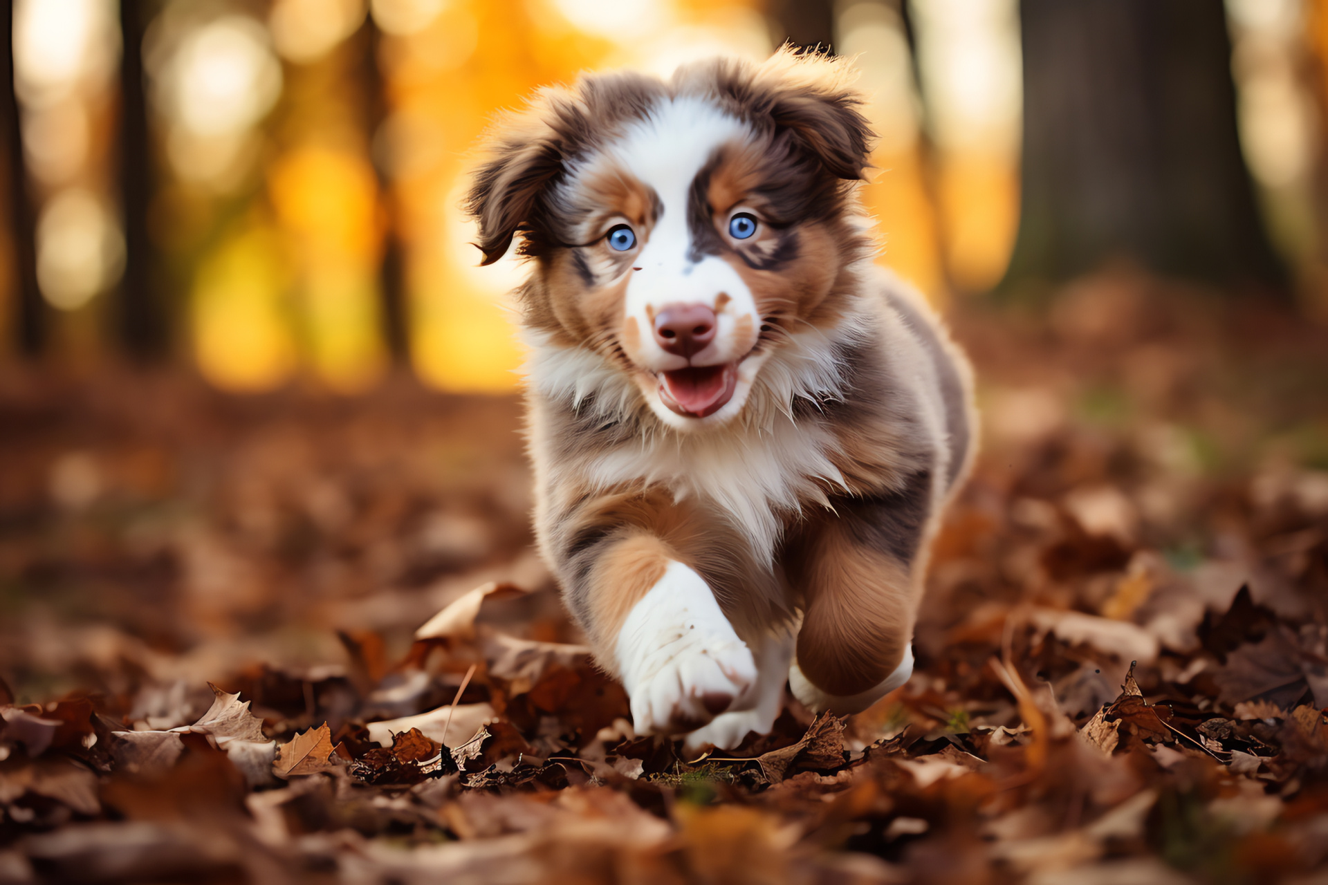 Australian Shepherd puppy feature, Blue-eyed canine texture, Shepherd's fluffy fur, Copper fur highlights, Canine breed distinction, HD Desktop Image