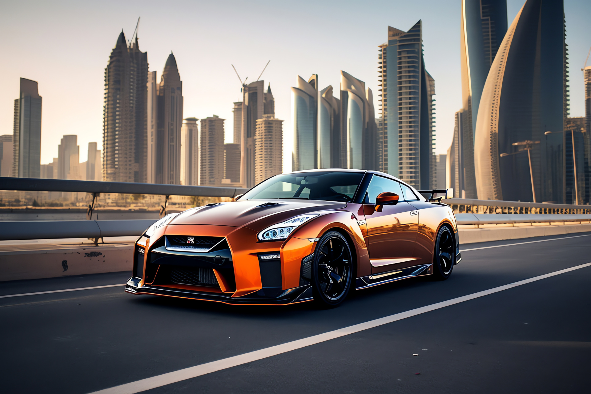 Veilside GT-R in Dubai, Desert backdrop, High-performance features, Burj Khalifa in distance, Luxury cityscape, HD Desktop Wallpaper